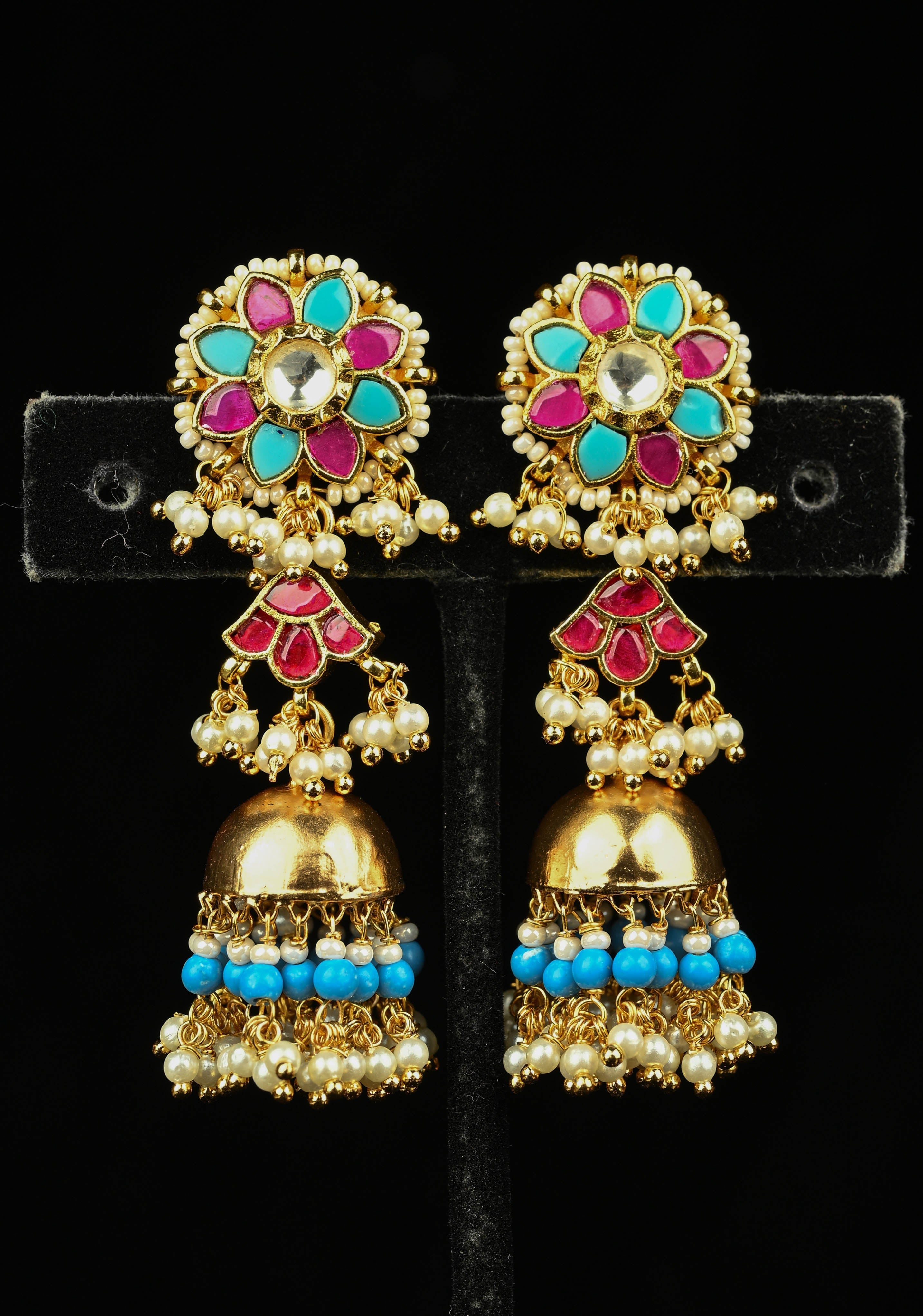 2.1" Magenta and Teal-Color Kundan and Beaded Jhumka Earrings | Shobitam