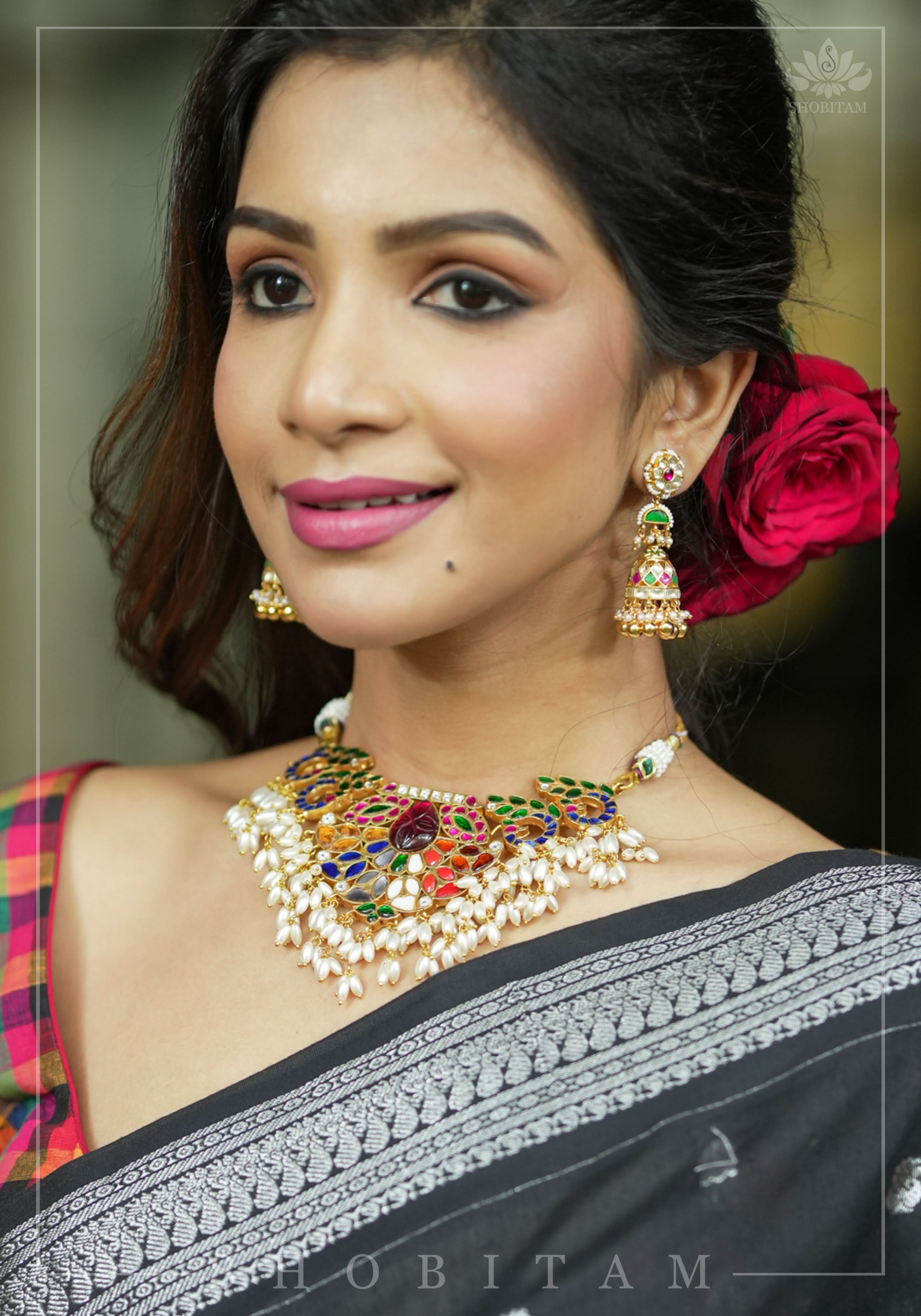 2.3" Kundan and Green,pink,white stone Jhumka earrings | Shobitam Jewelry