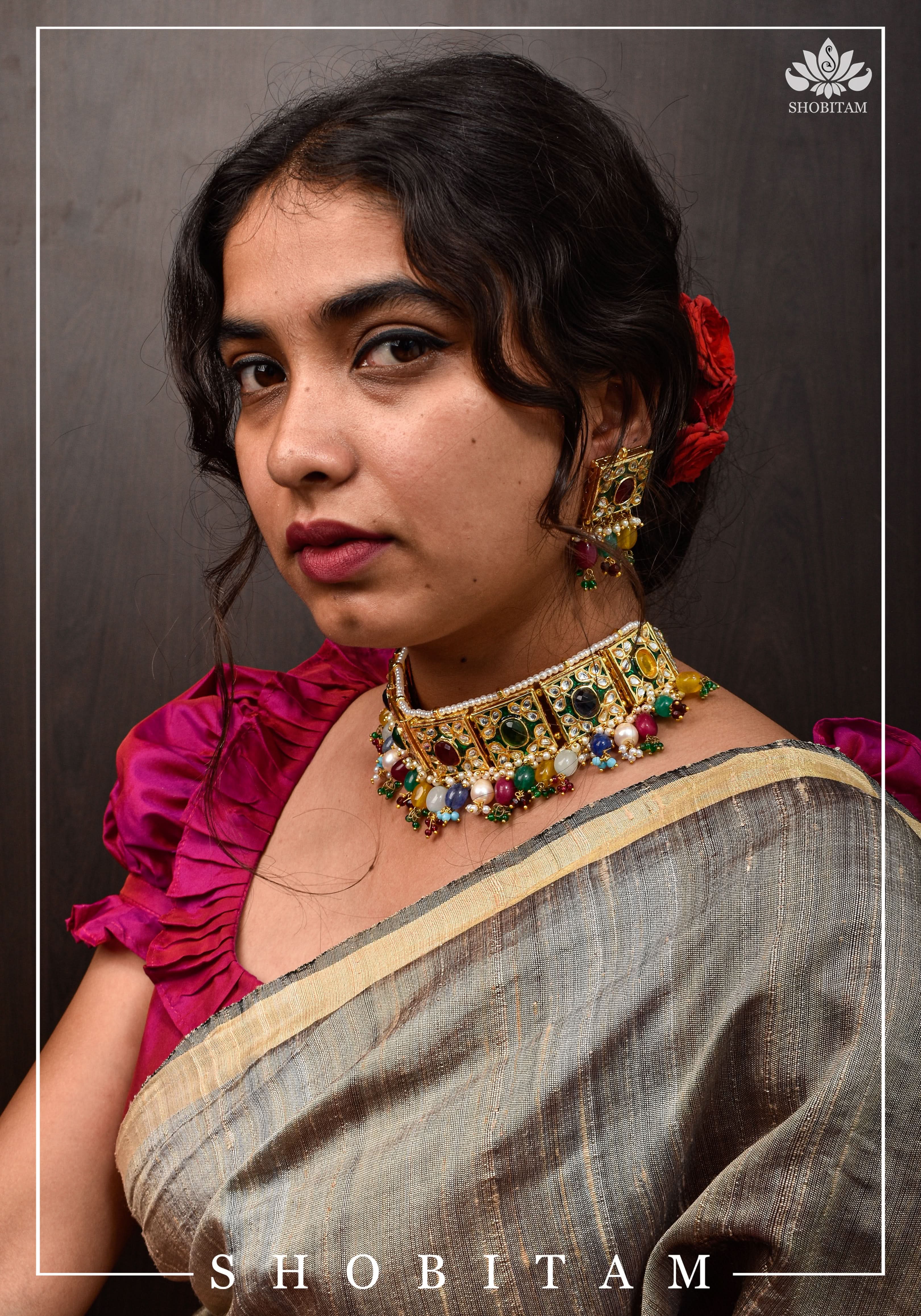 Statement Fusion necklace Set with Multicolor stones and encrusted stones | Shobitam Jewelry