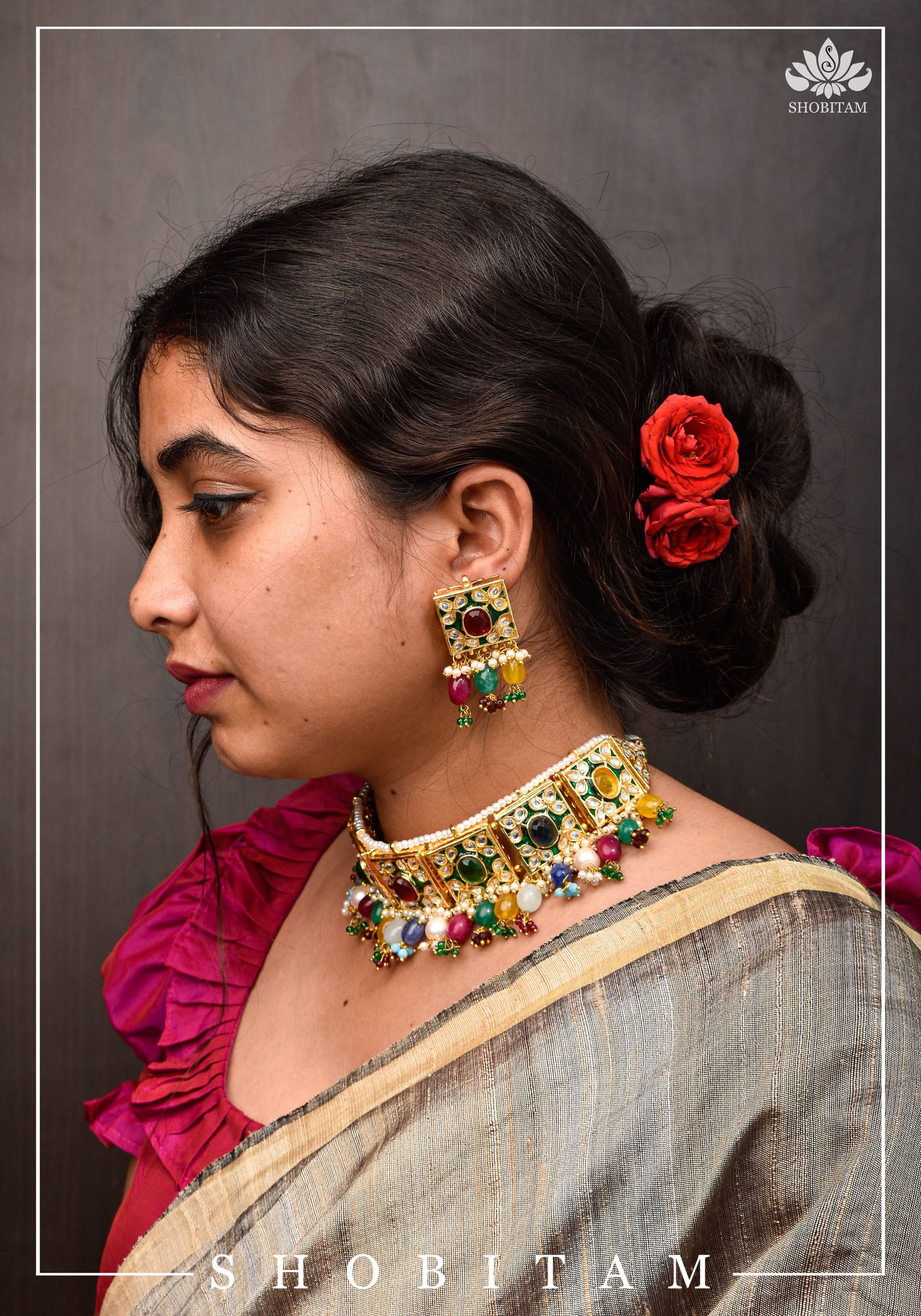 Statement Fusion necklace Set with Multicolor stones and encrusted stones | Shobitam Jewelry