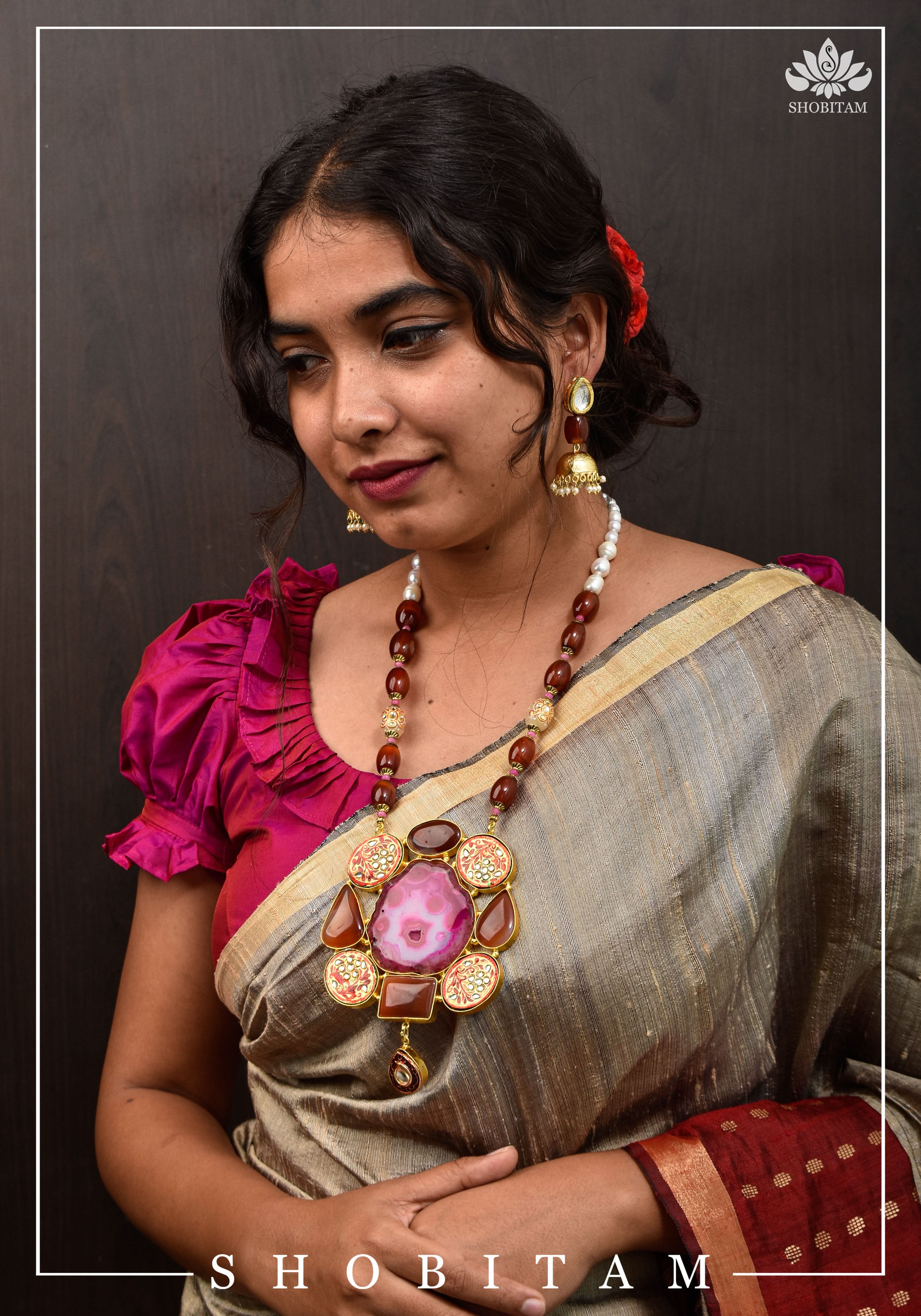 Statement Pink Agate Necklace Set | Shobitam Jewelry