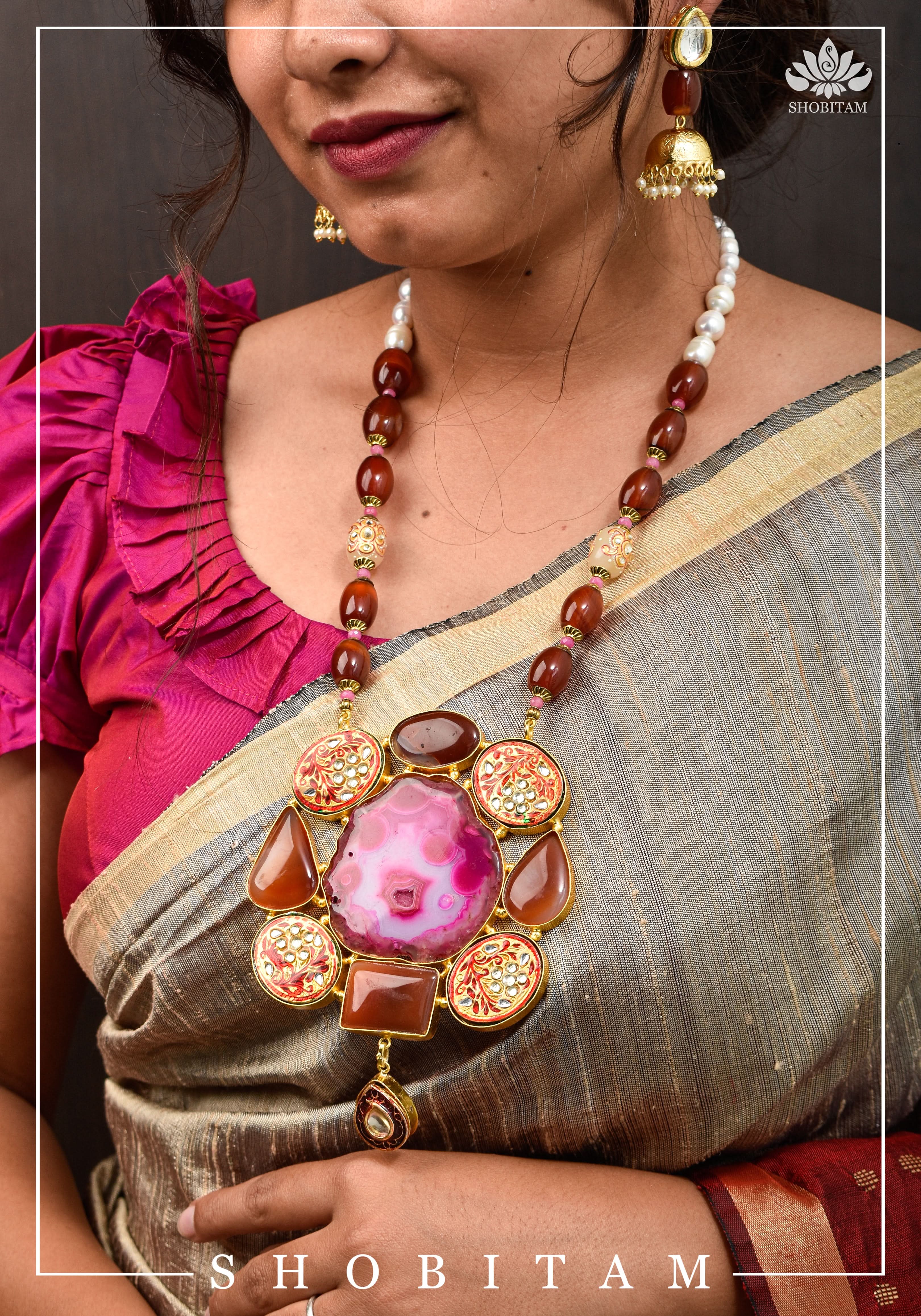 Statement Pink Agate Necklace Set | Shobitam Jewelry