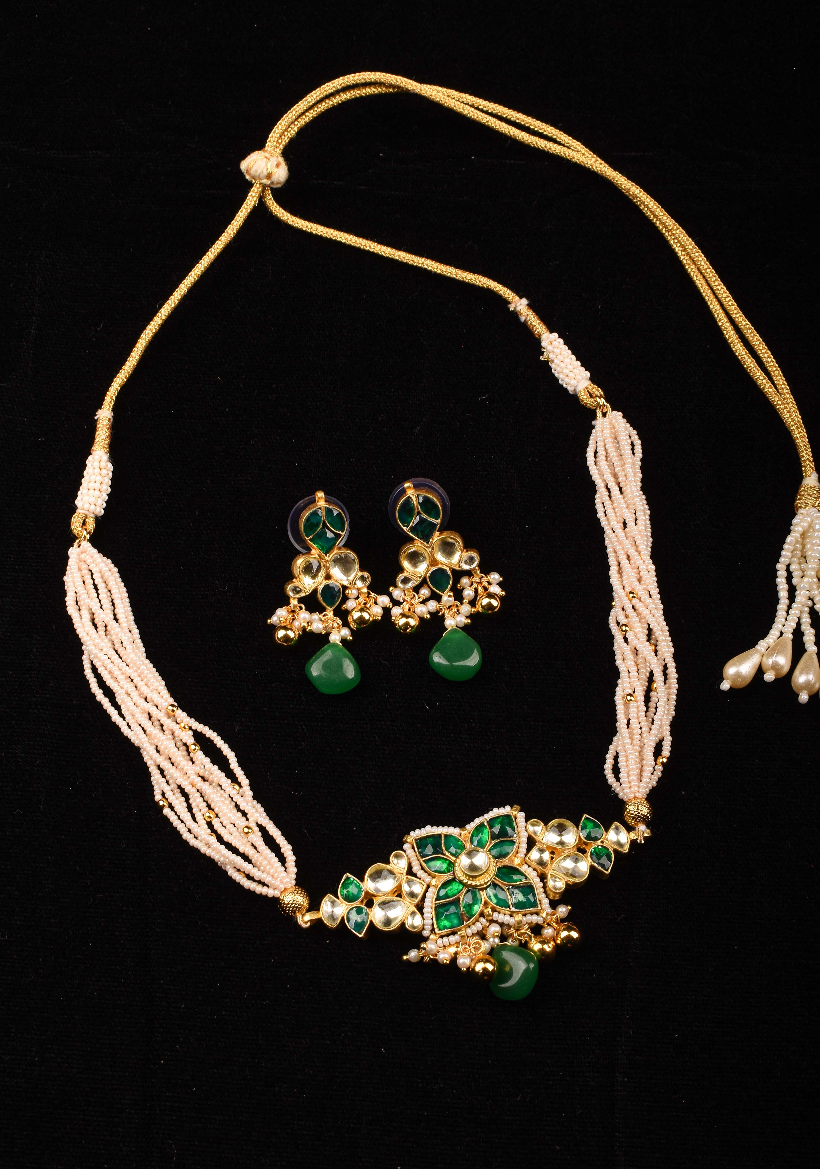 Ahmedabadi kundan multistrand Choker set with Green dangling  beads | Shobitam