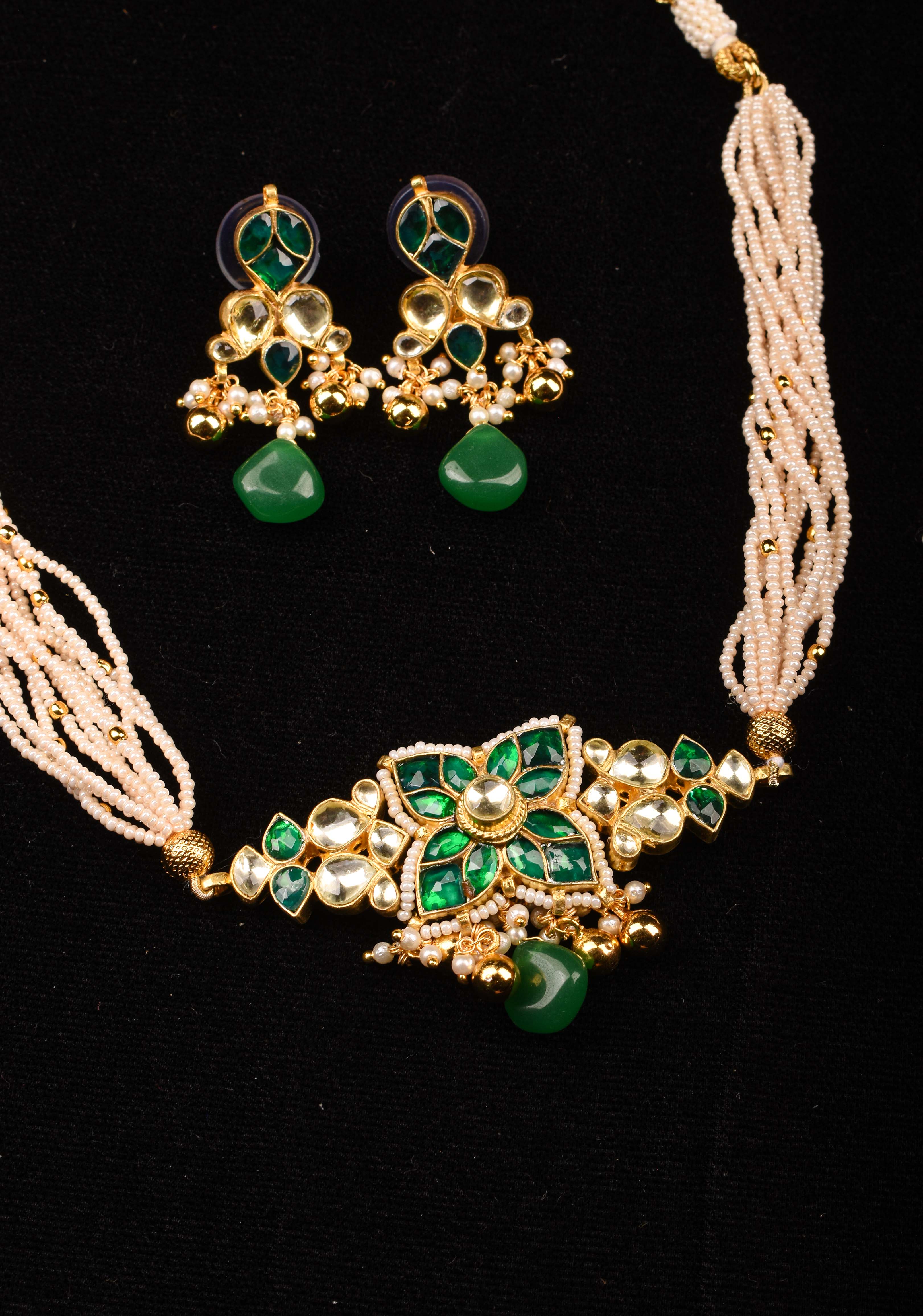 Ahmedabadi kundan multistrand Choker set with Green dangling  beads | Shobitam