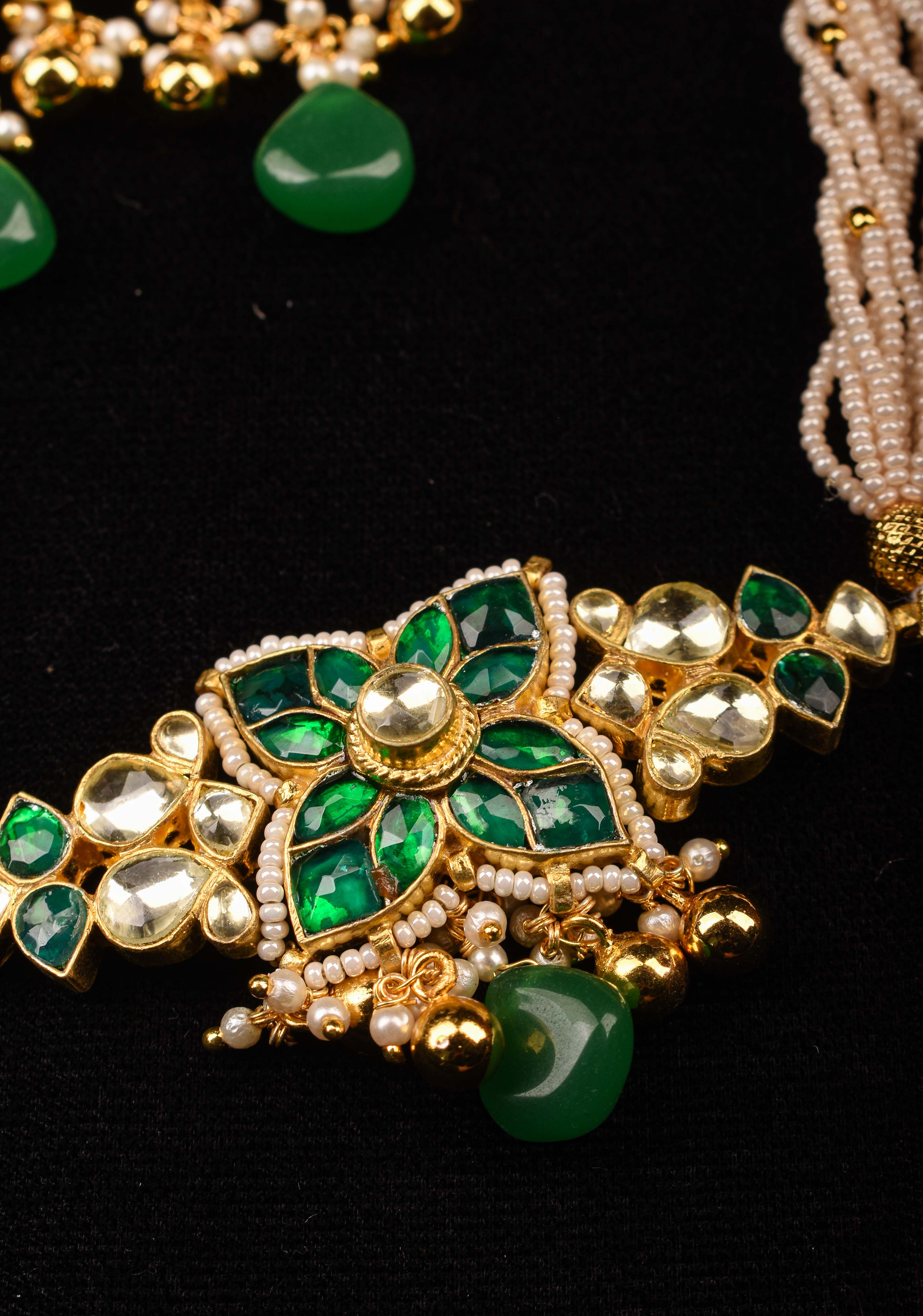 Ahmedabadi kundan multistrand Choker set with Green dangling  beads | Shobitam