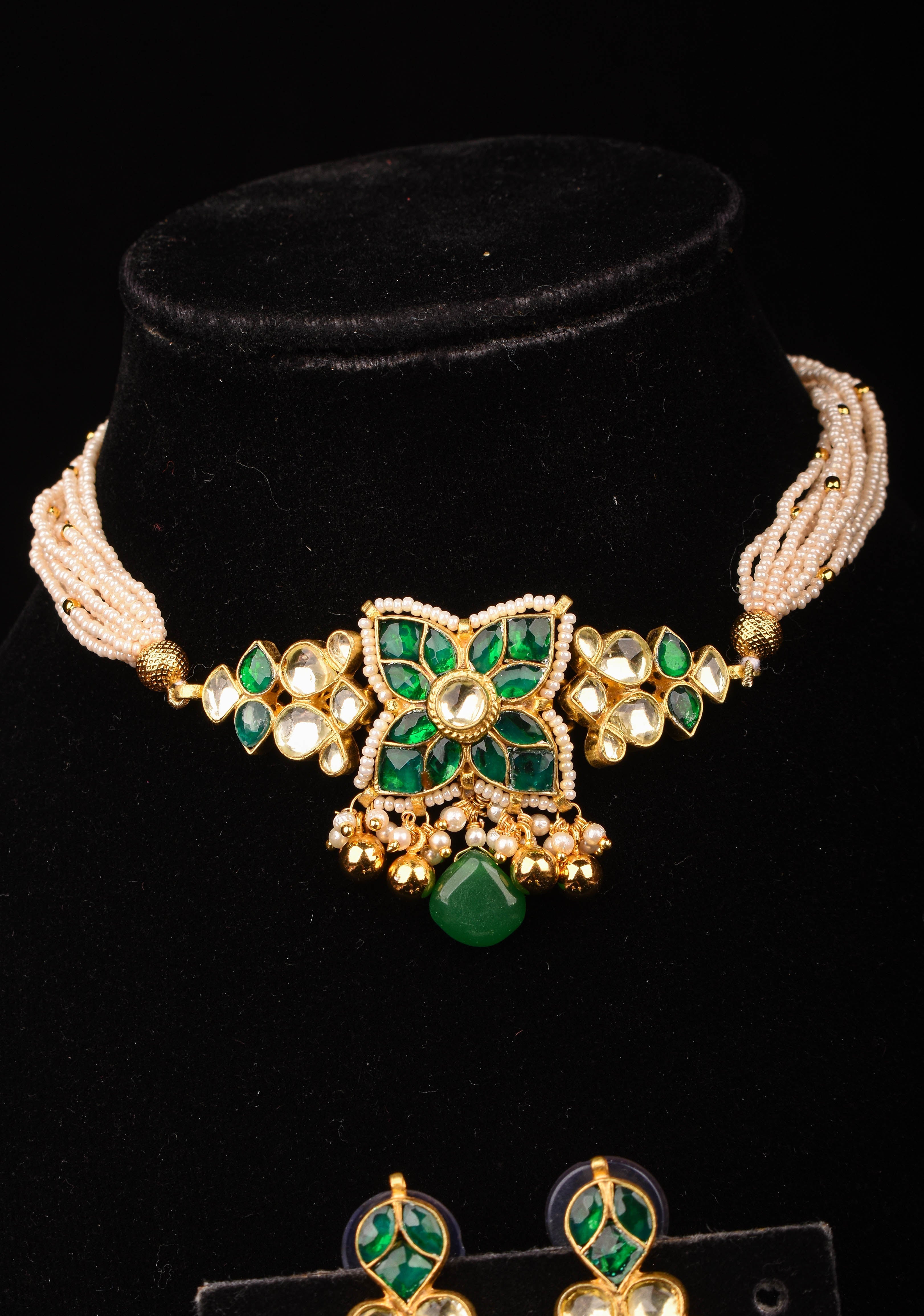 Ahmedabadi kundan multistrand Choker set with Green dangling  beads | Shobitam