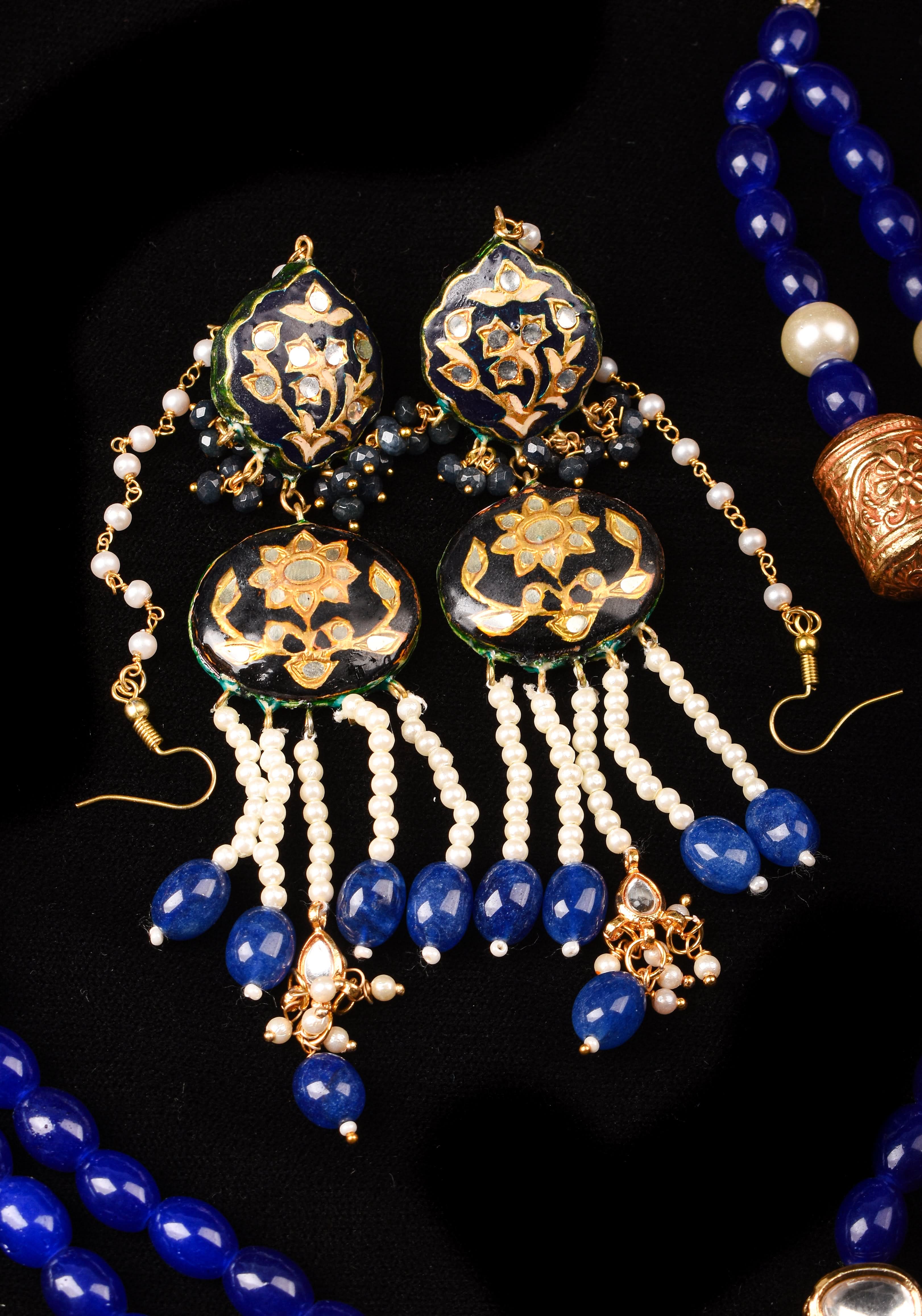 Blue  Double Strand Necklace Set with Large Pendant| Shobitam Jewelry