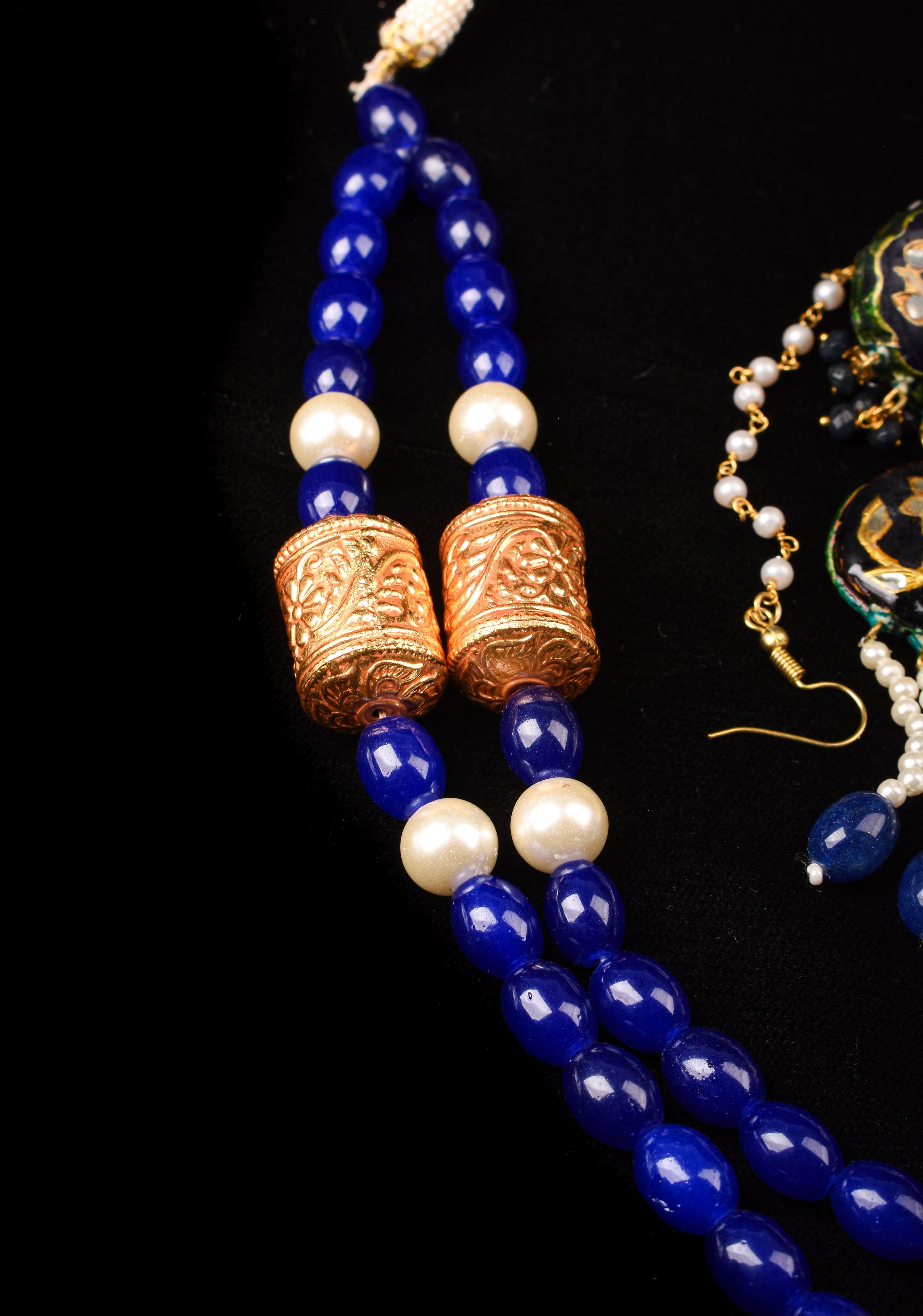Blue  Double Strand Necklace Set with Large Pendant| Shobitam Jewelry