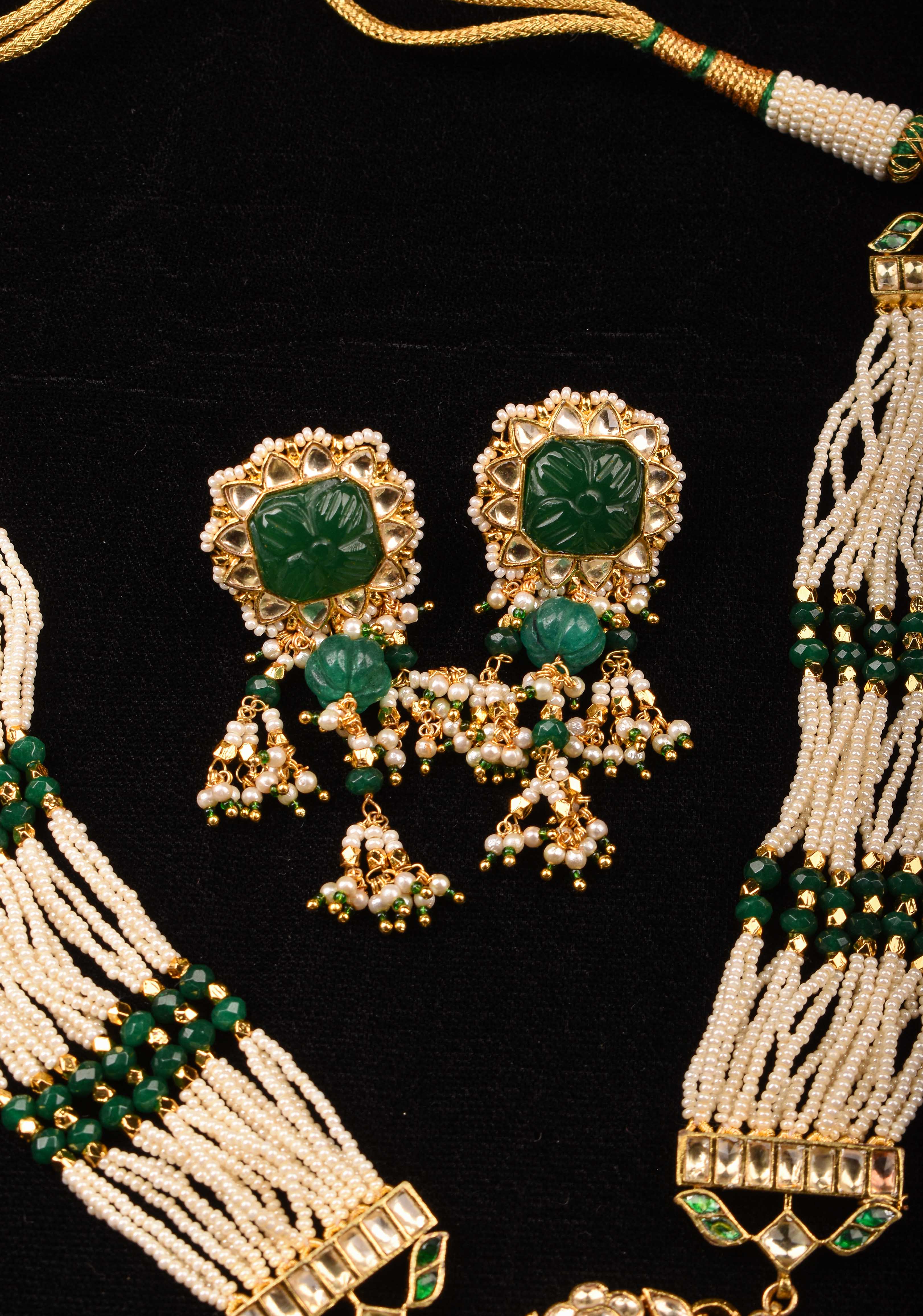 Green Carved stone Pendant on Multistrand necklace and Matching Earrings | Shobitam Jewelry