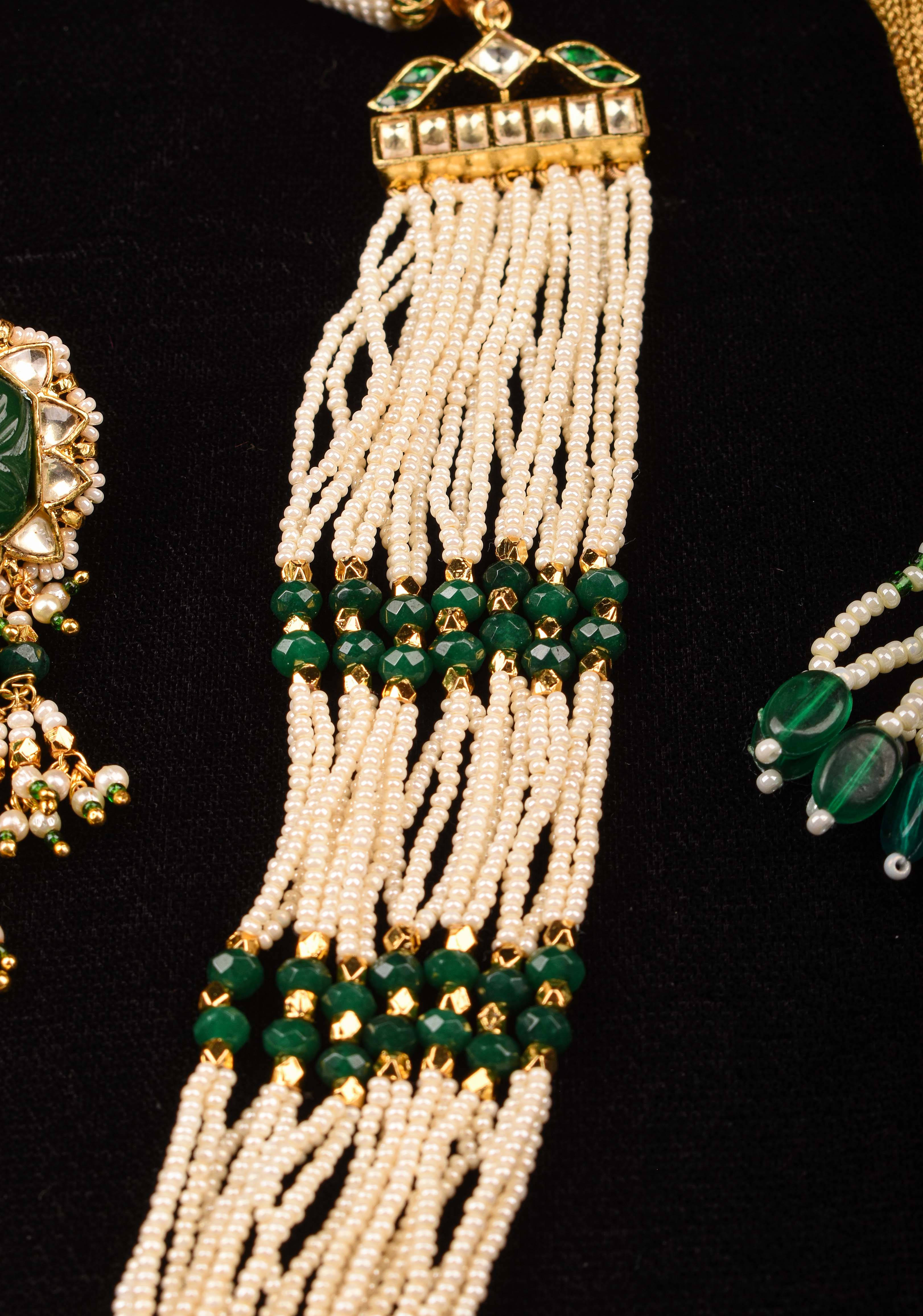 Green Carved stone Pendant on Multistrand necklace and Matching Earrings | Shobitam Jewelry