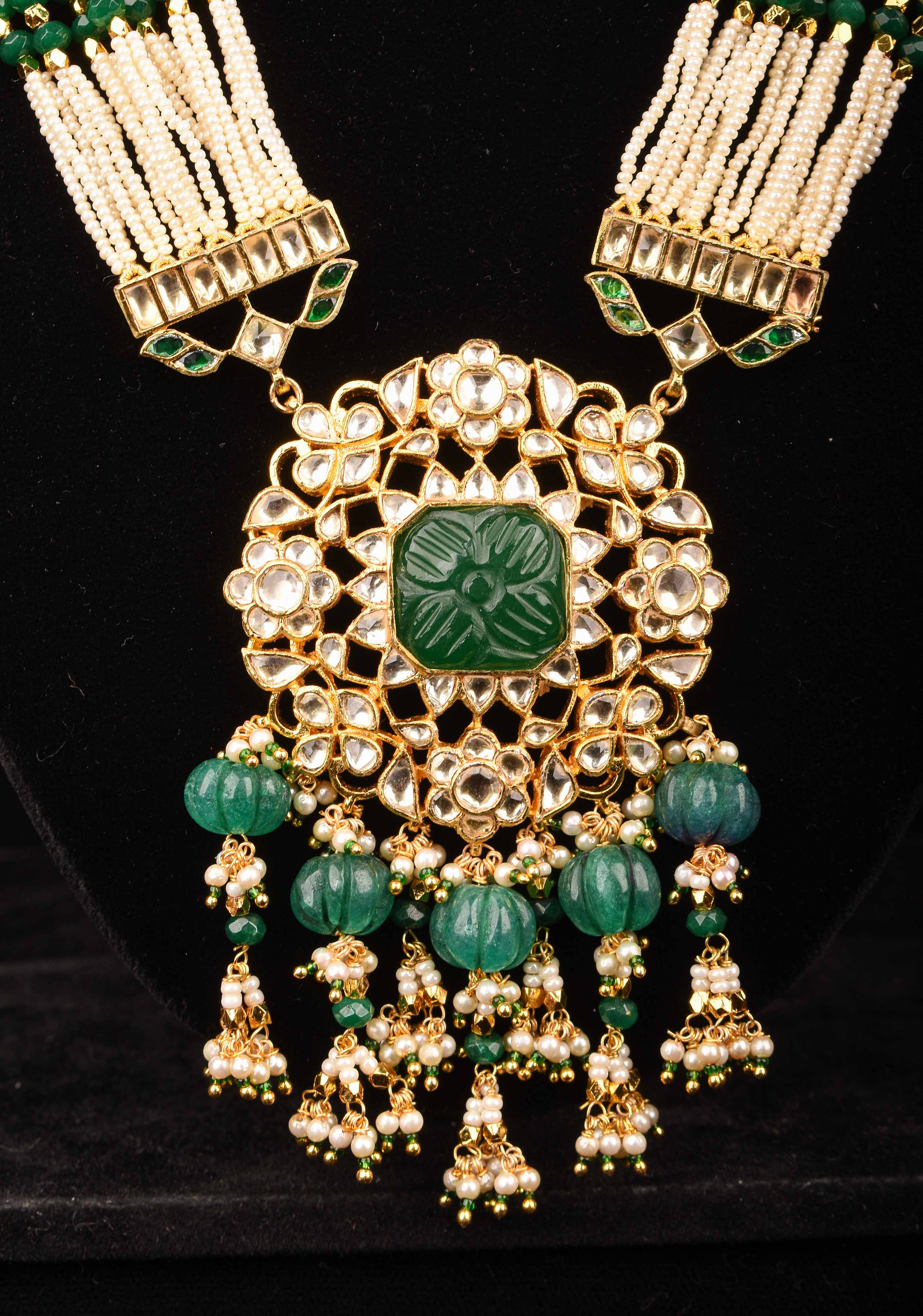 Green Carved stone Pendant on Multistrand necklace and Matching Earrings | Shobitam Jewelry