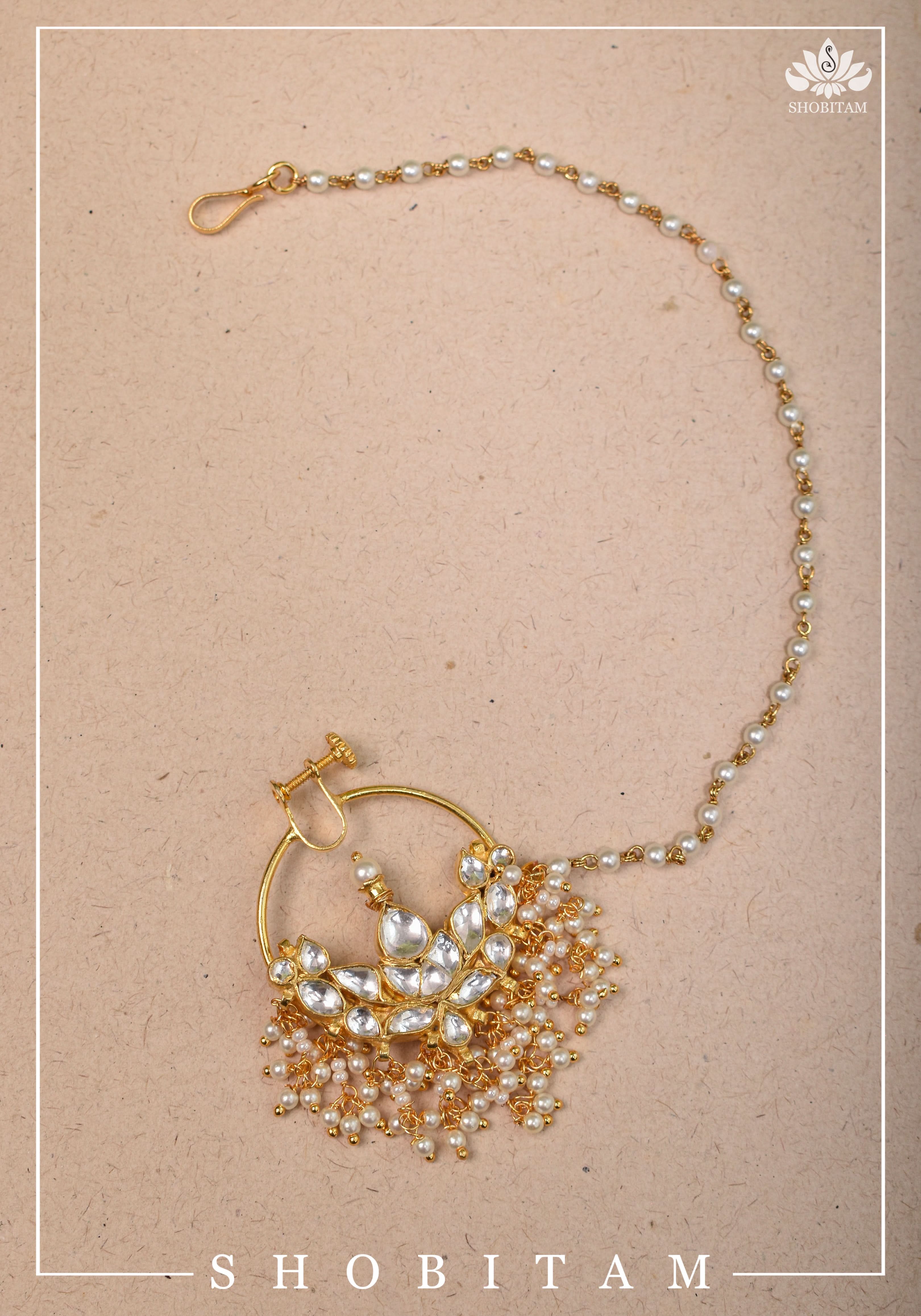 Celestial Kundan nath with non piece clasp, chain and hook | Shobitam