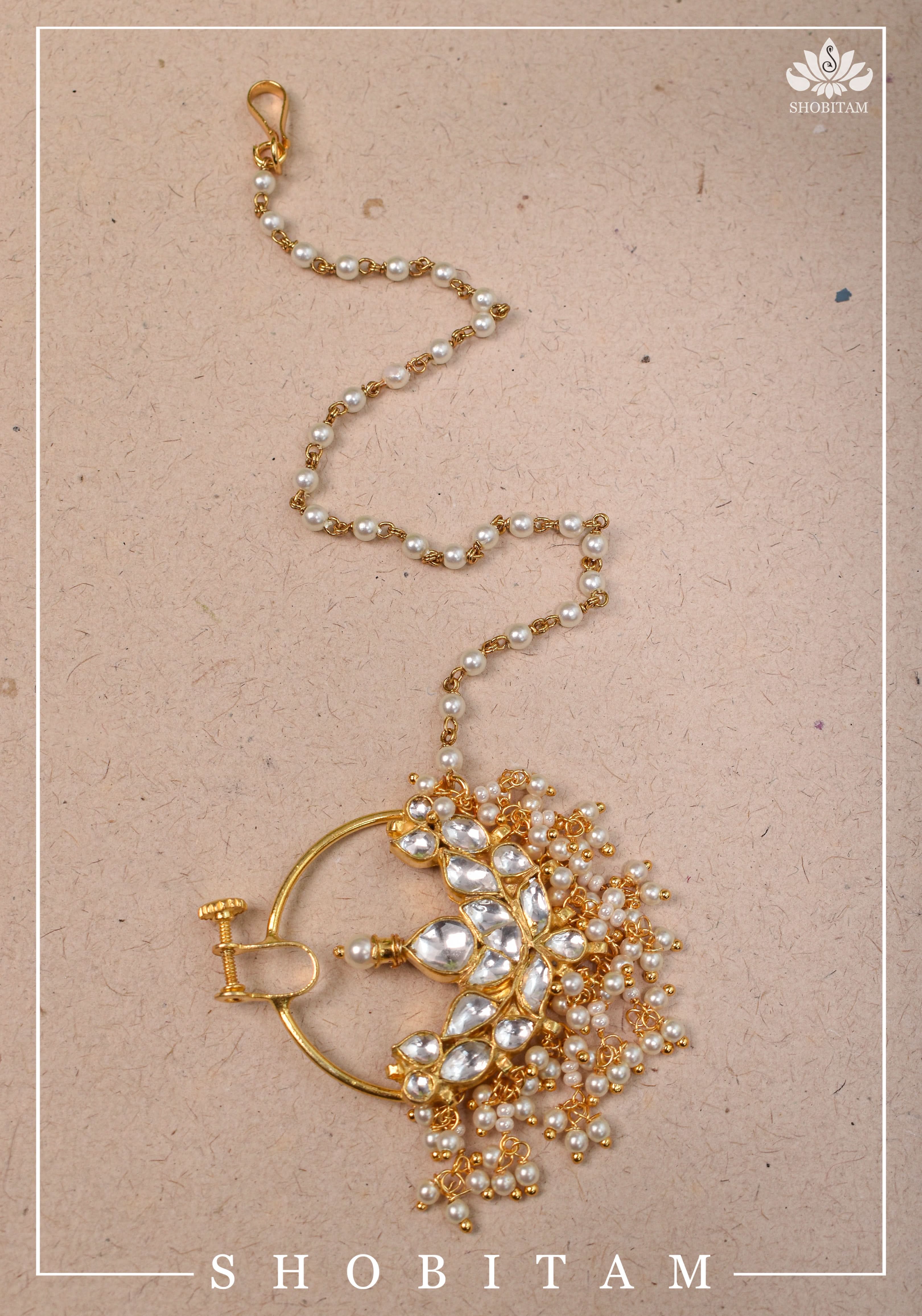 Celestial Kundan nath with non piece clasp, chain and hook | Shobitam