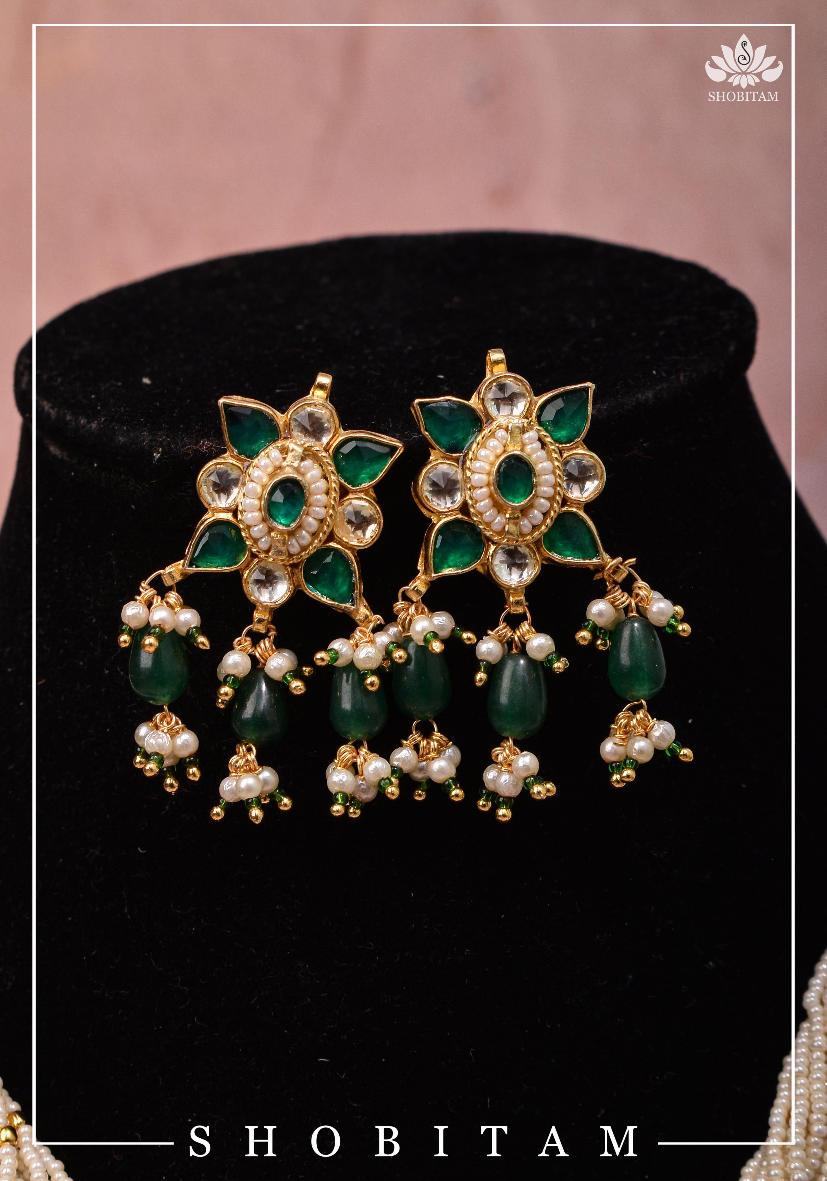 Ahmedabadi kundan multistrand necklace set with Green dangling  beads | Shobitam