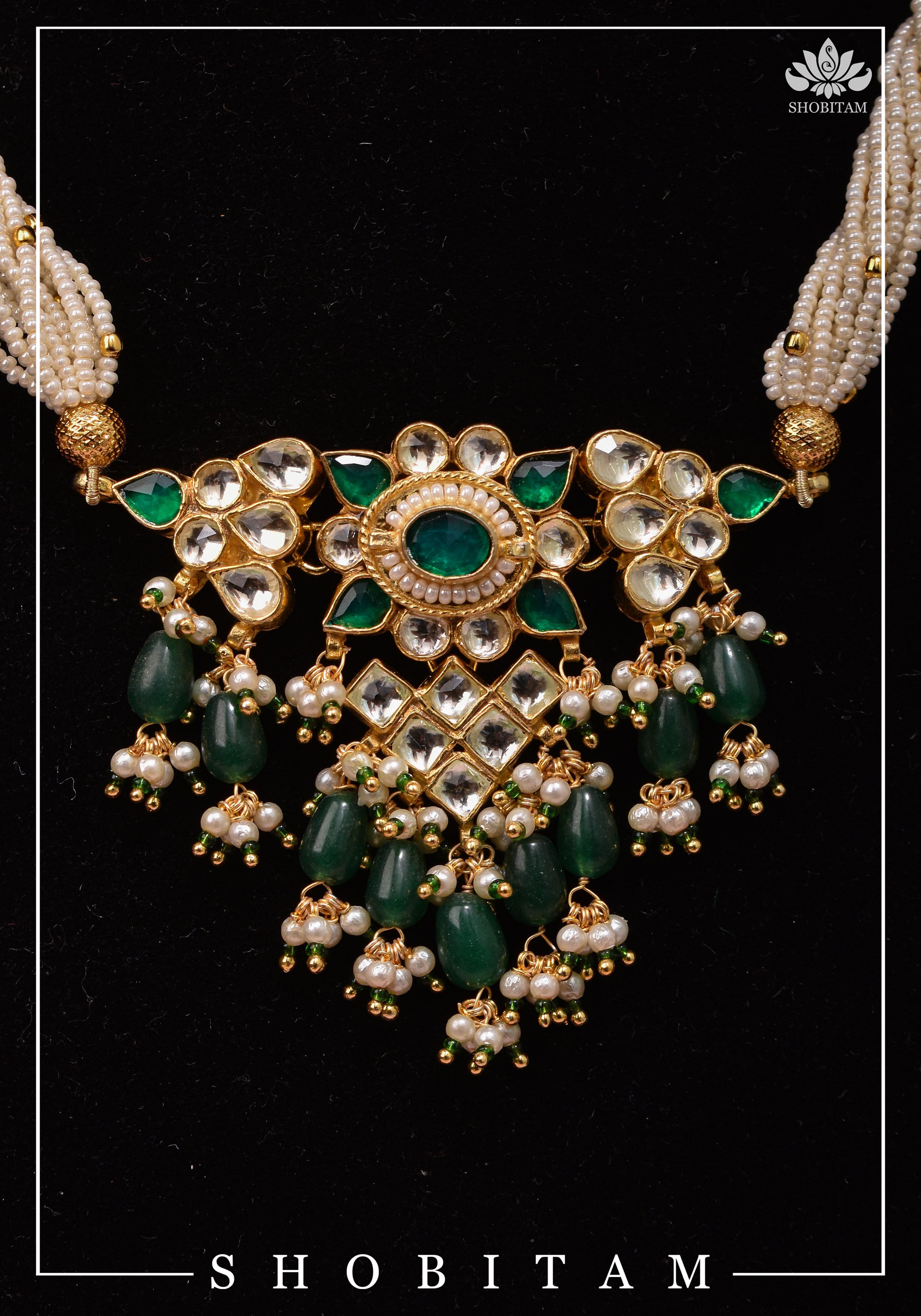 Ahmedabadi kundan multistrand necklace set with Green dangling  beads | Shobitam