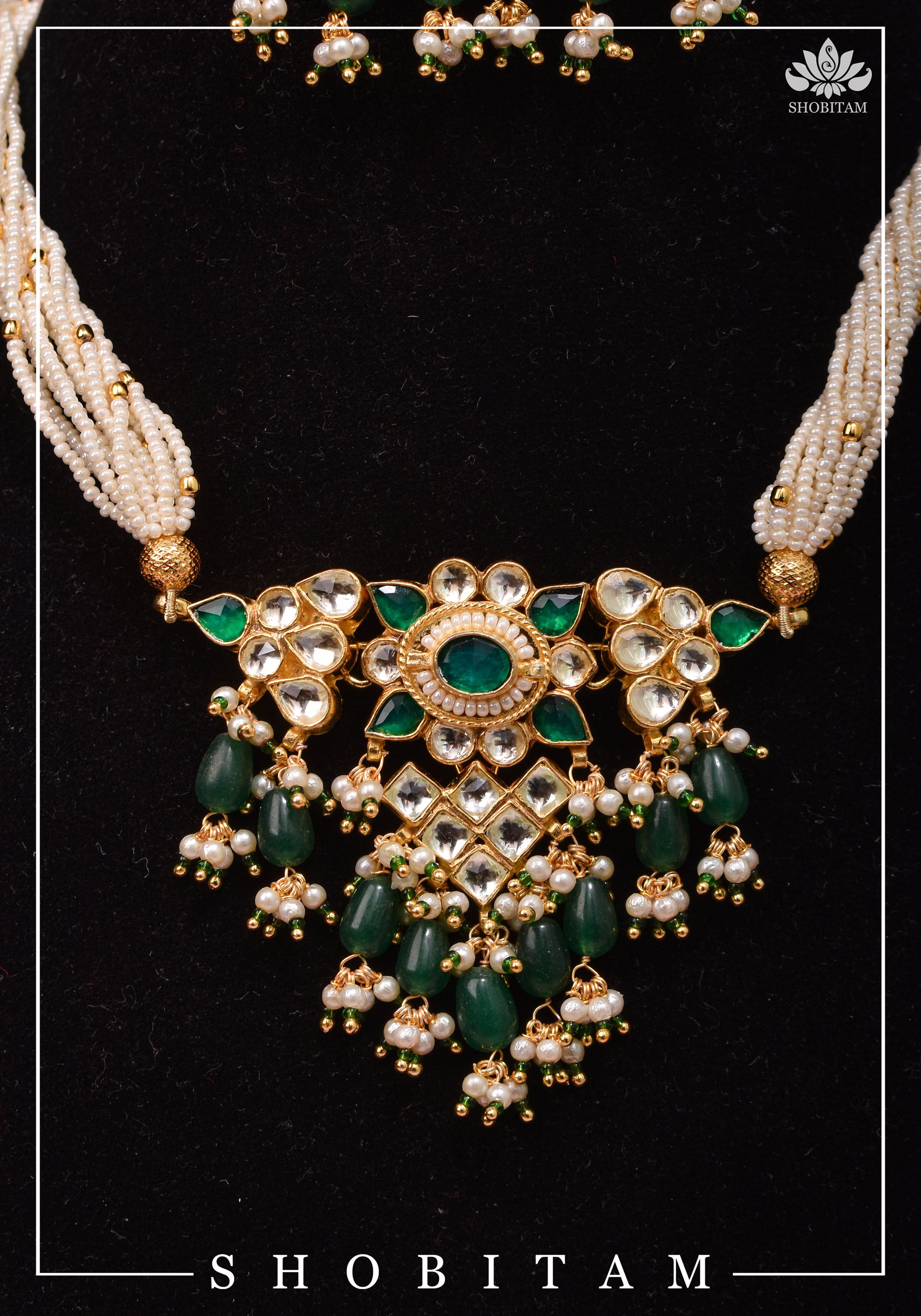 Ahmedabadi kundan multistrand necklace set with Green dangling  beads | Shobitam
