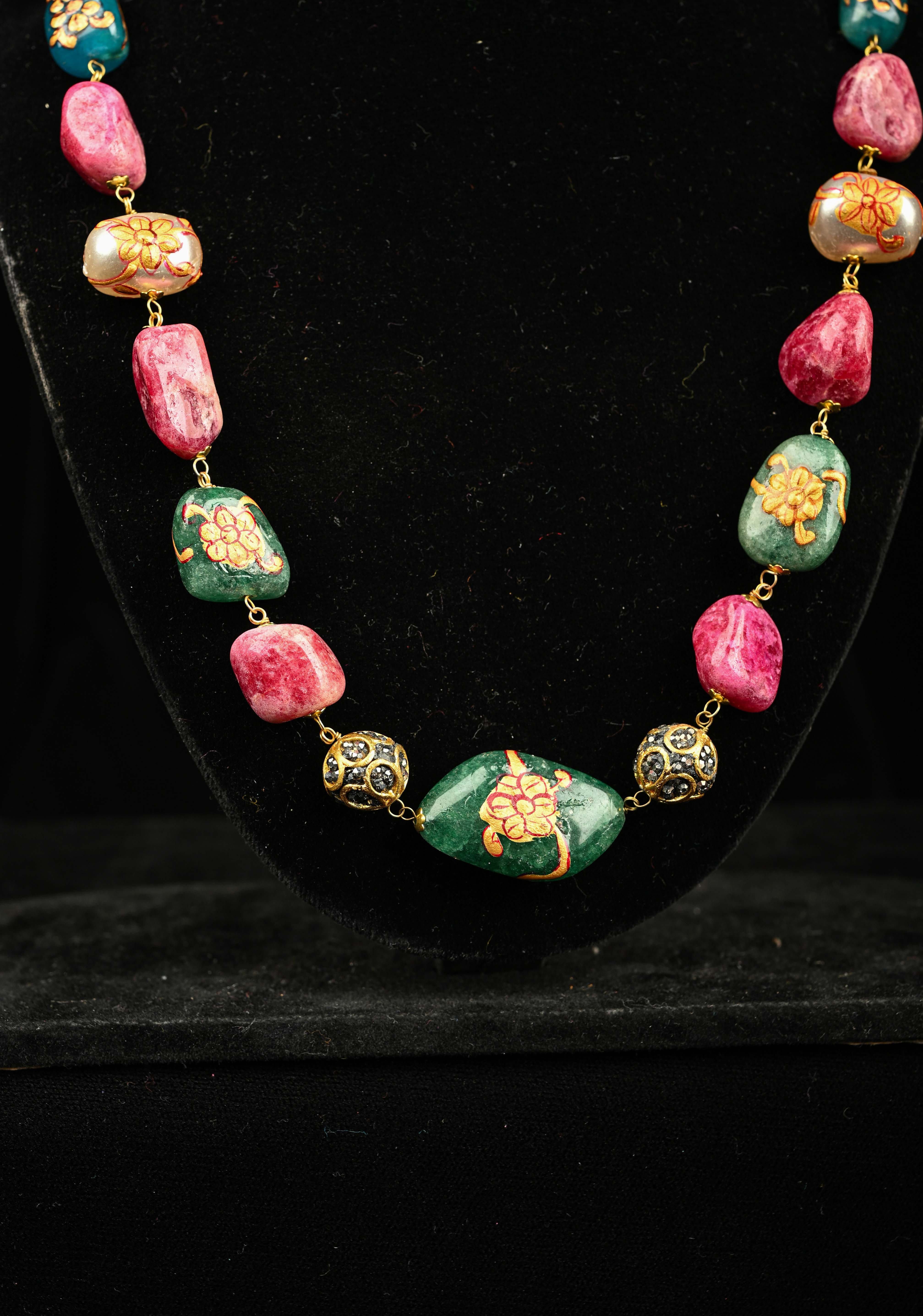 Multicolor Chunky Stone Semi Precious Necklace Set with Handpainted details | Shobitam