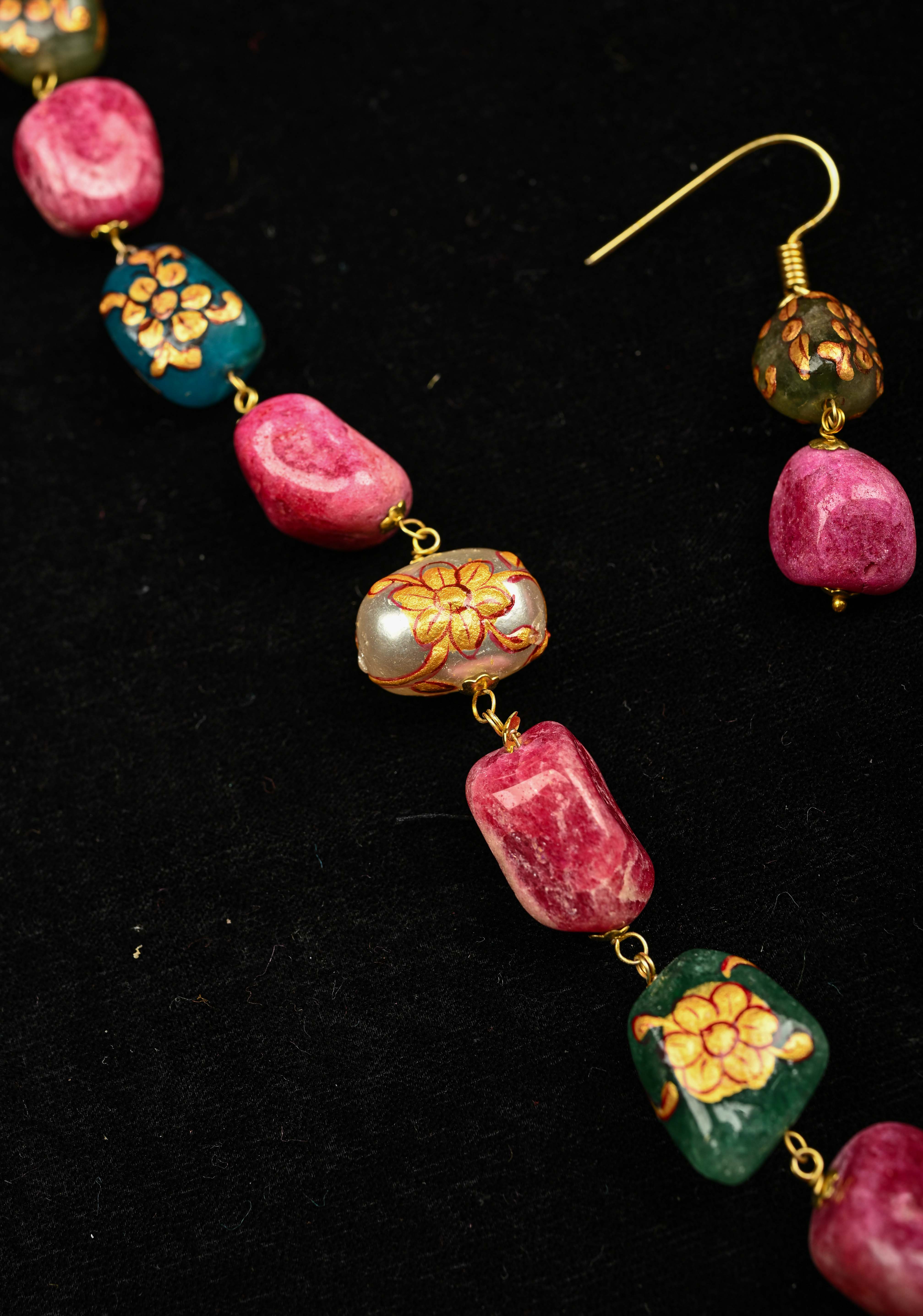 Multicolor Chunky Stone Semi Precious Necklace Set with Handpainted details | Shobitam