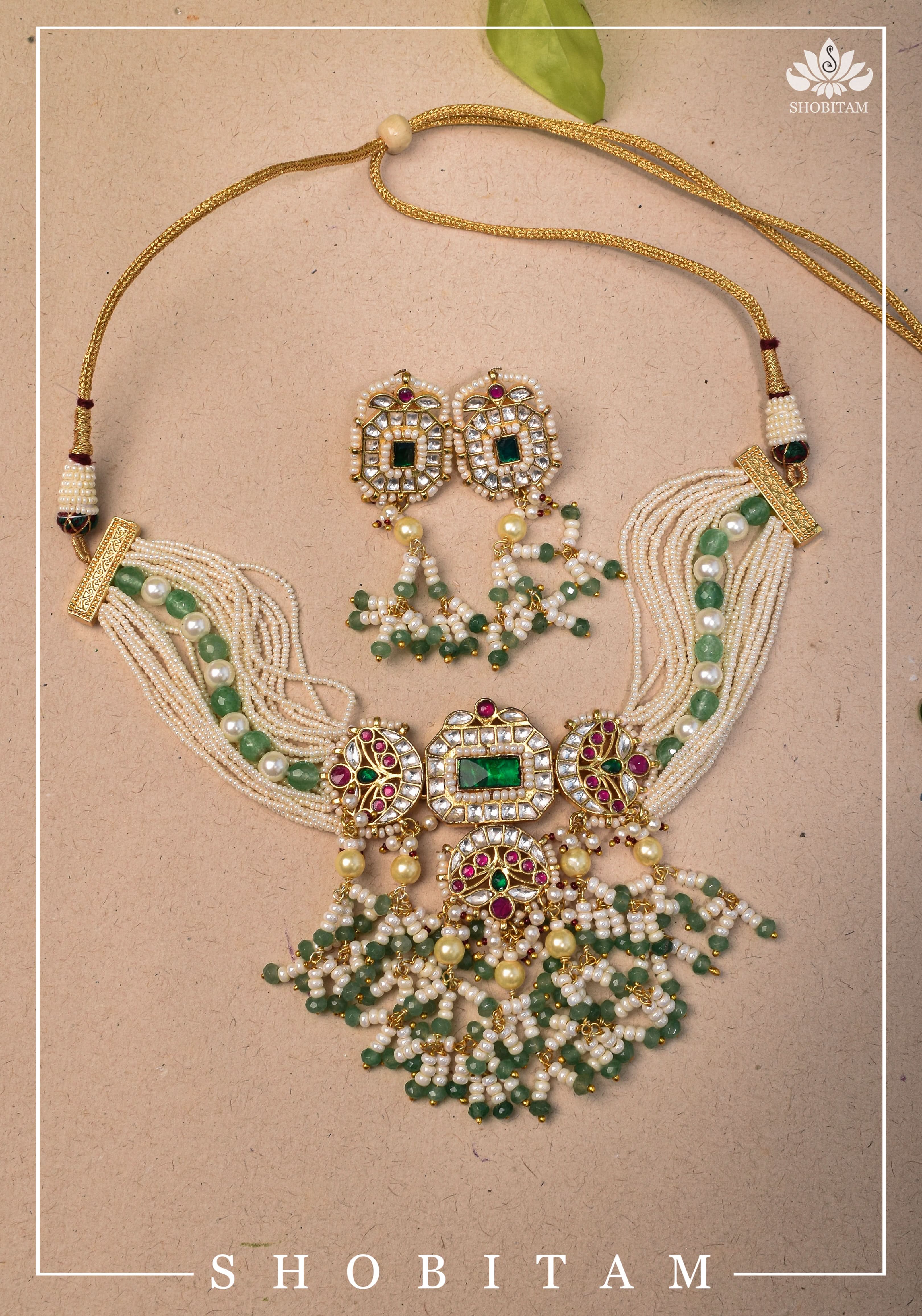 Kundan Multistrand necklace set with dangling beads | Shobitam