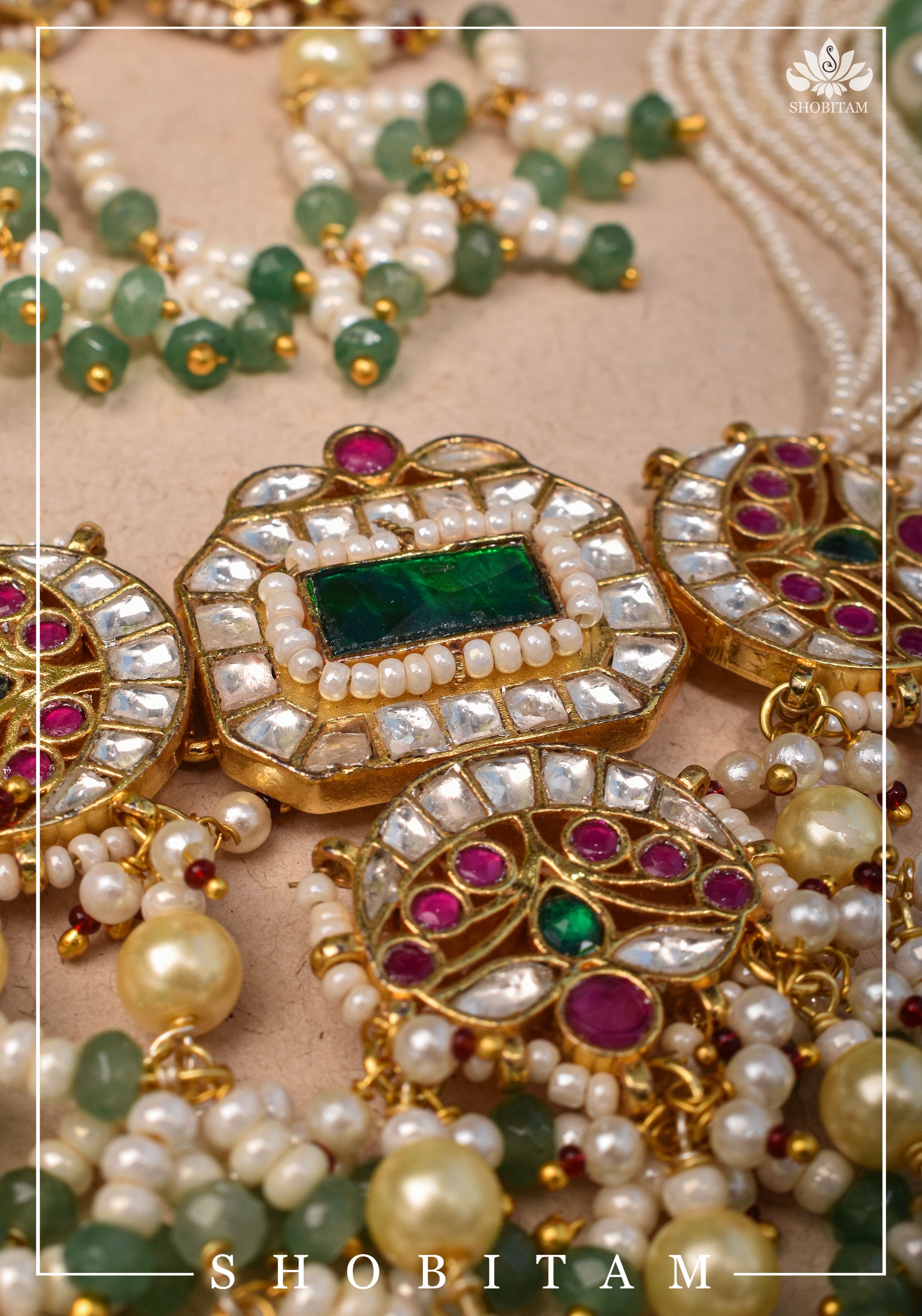 Kundan Multistrand necklace set with dangling beads | Shobitam