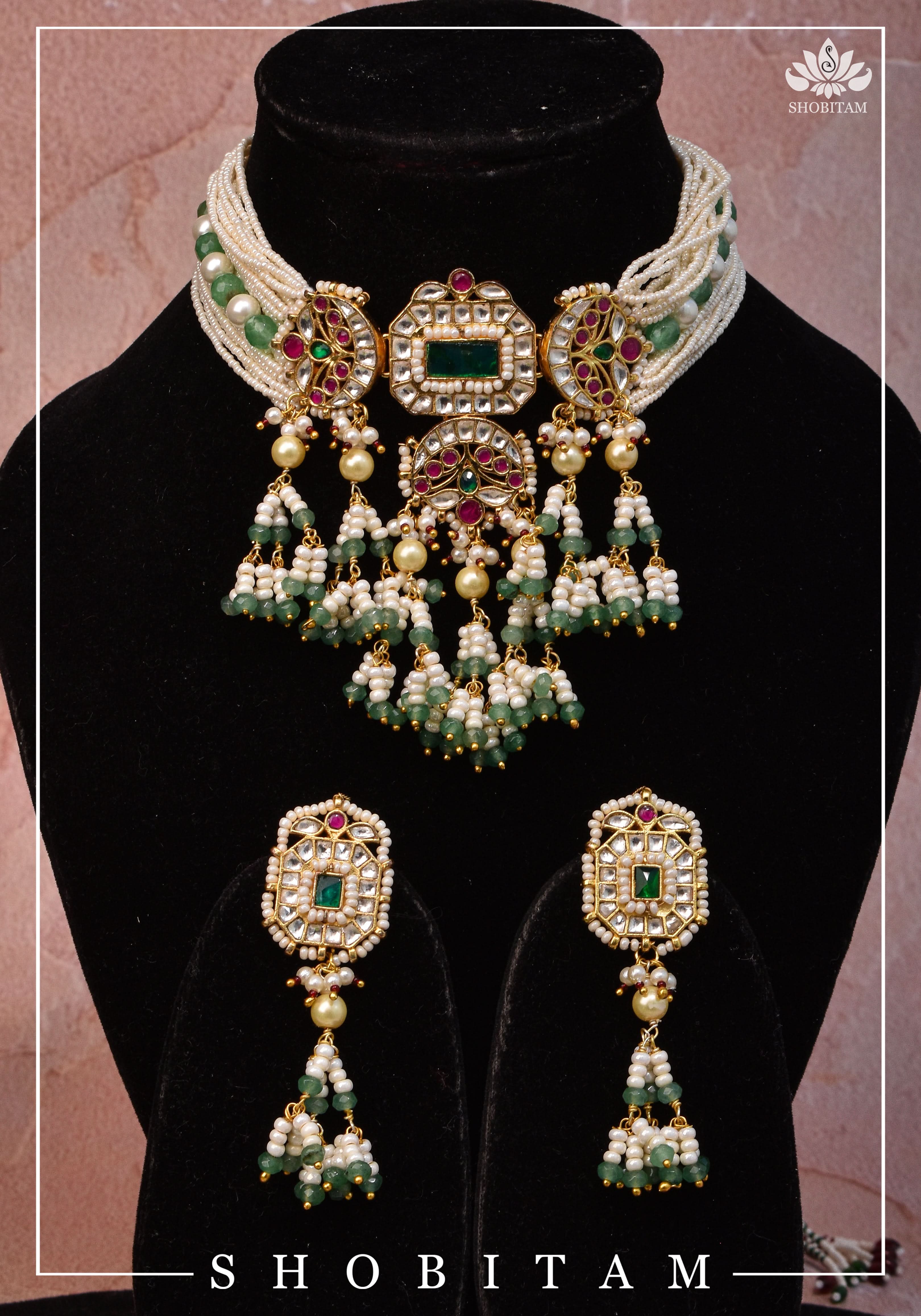 Kundan Multistrand necklace set with dangling beads | Shobitam