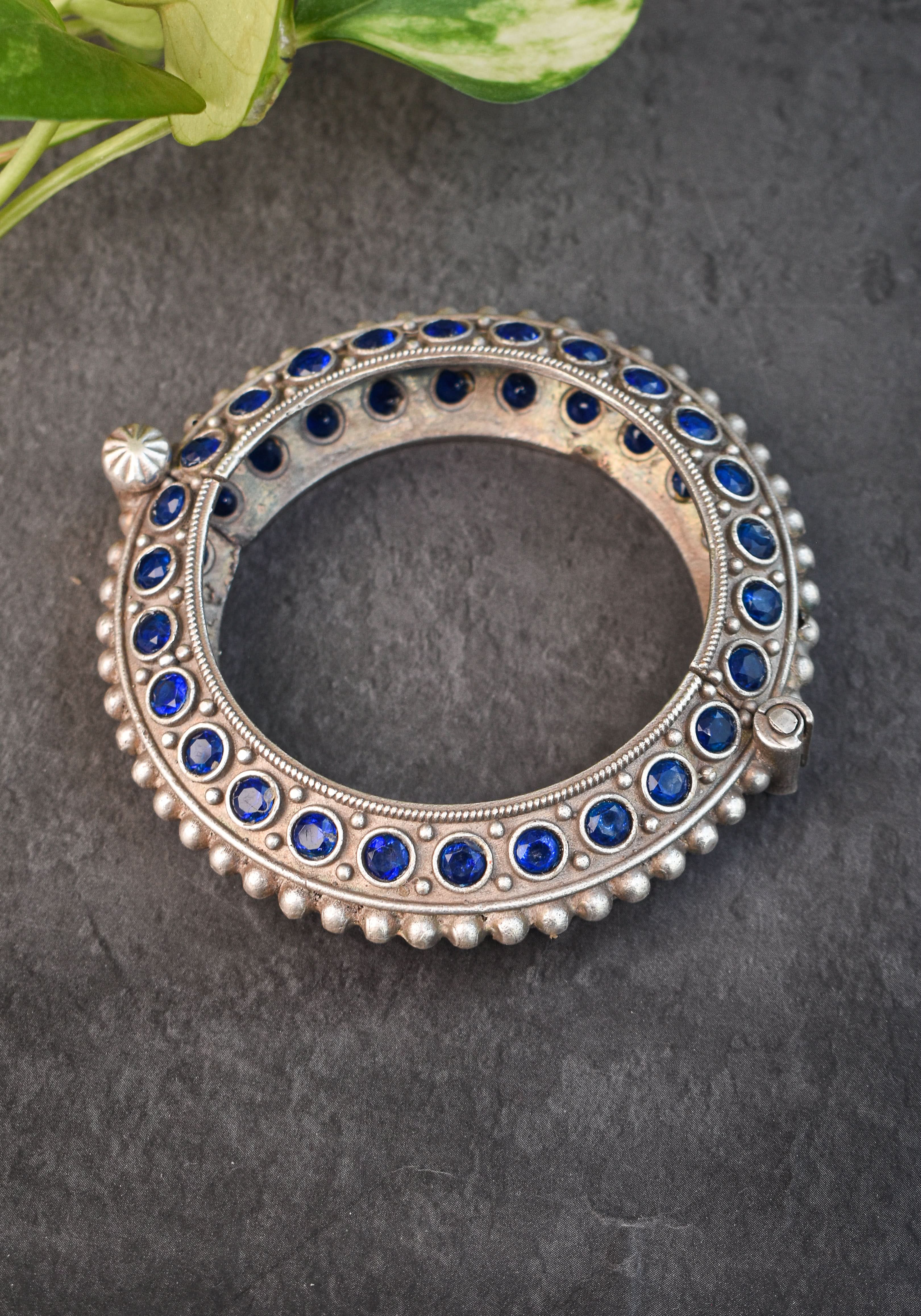 SIZE 2.4 Antique Silver Finish  with blue stones  design and Openable Kada | Shobitam Jewelry