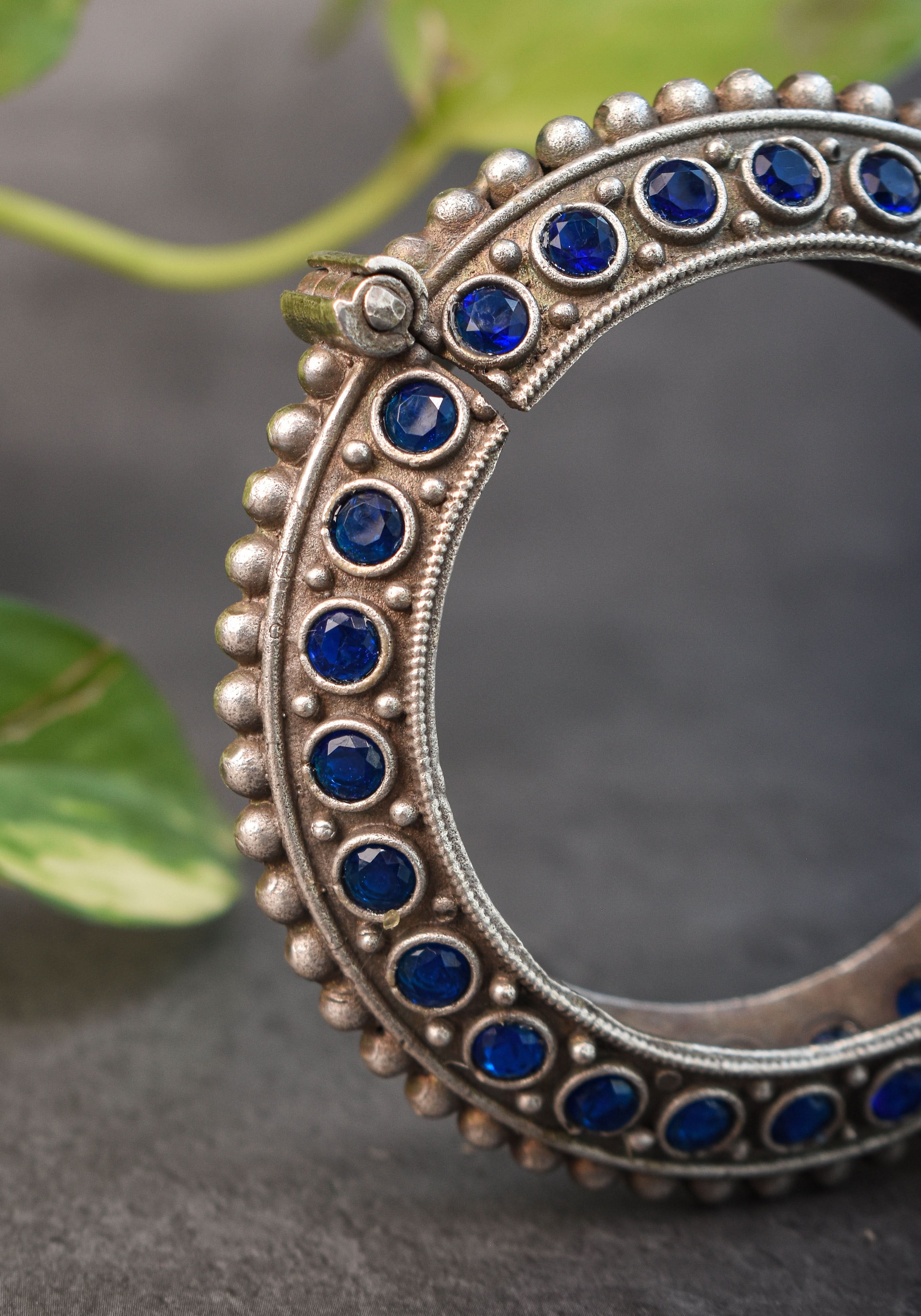 SIZE 2.4 Antique Silver Finish  with blue stones  design and Openable Kada | Shobitam Jewelry