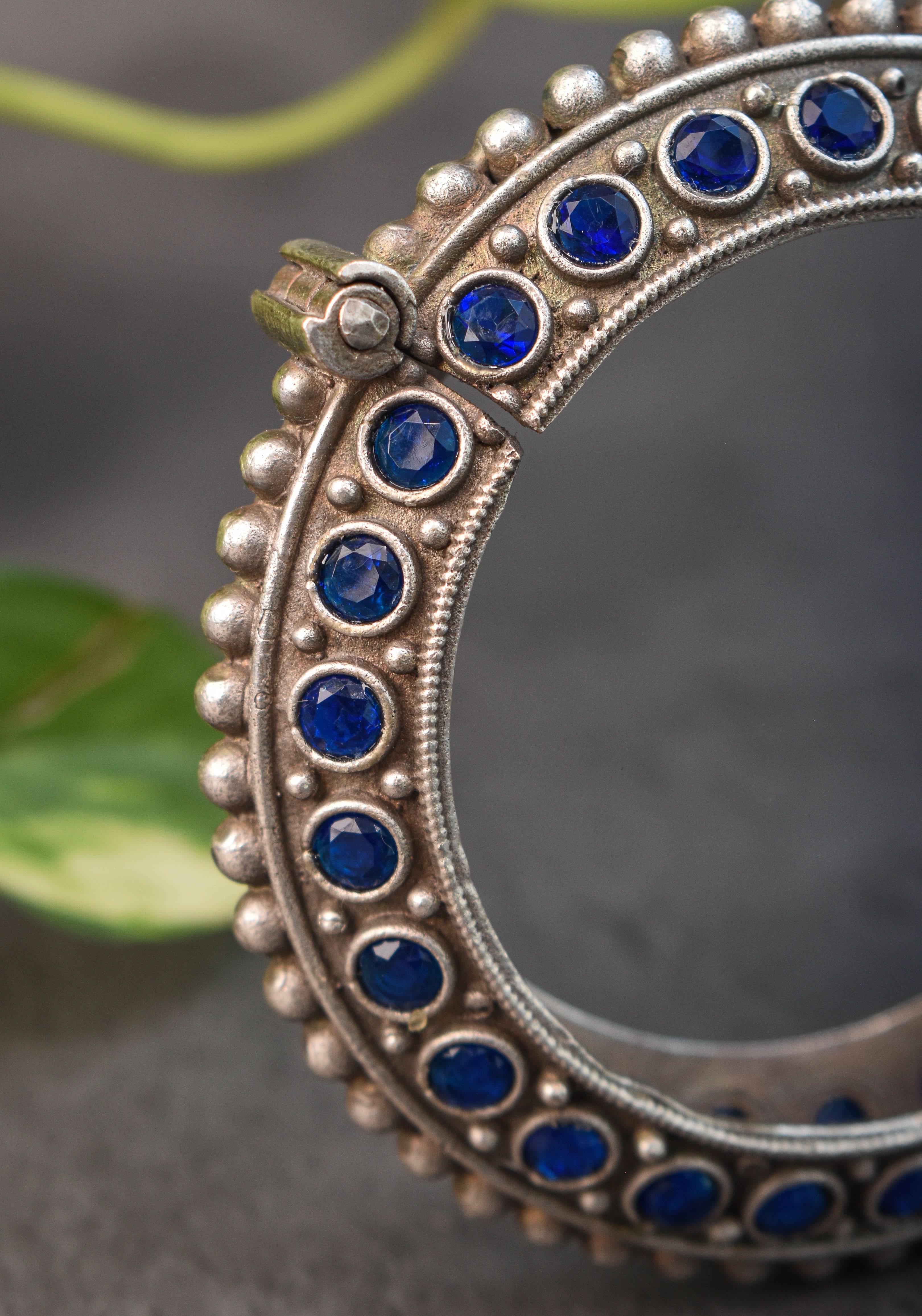 SIZE 2.4 Antique Silver Finish  with blue stones  design and Openable Kada | Shobitam Jewelry