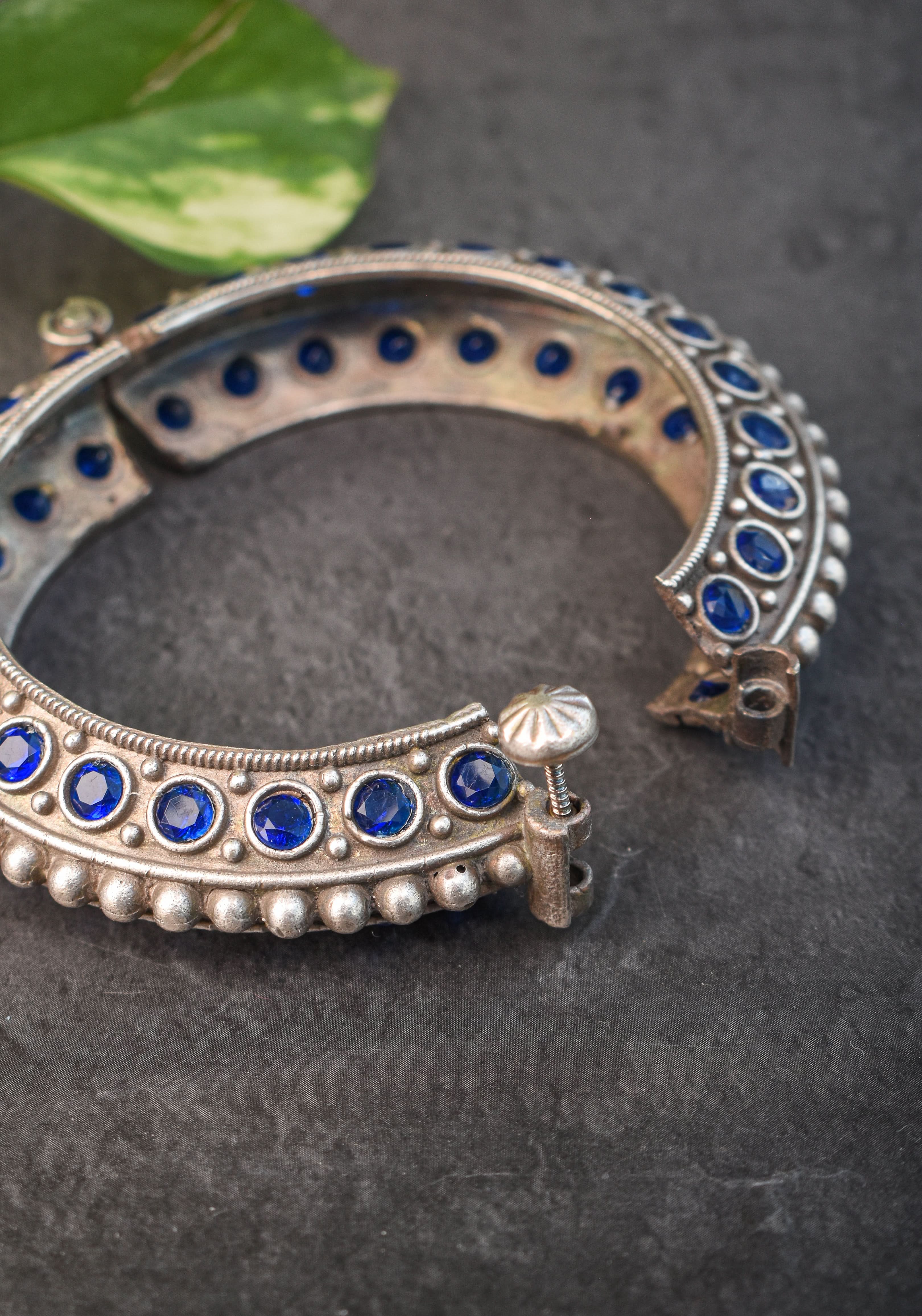 SIZE 2.4 Antique Silver Finish  with blue stones  design and Openable Kada | Shobitam Jewelry