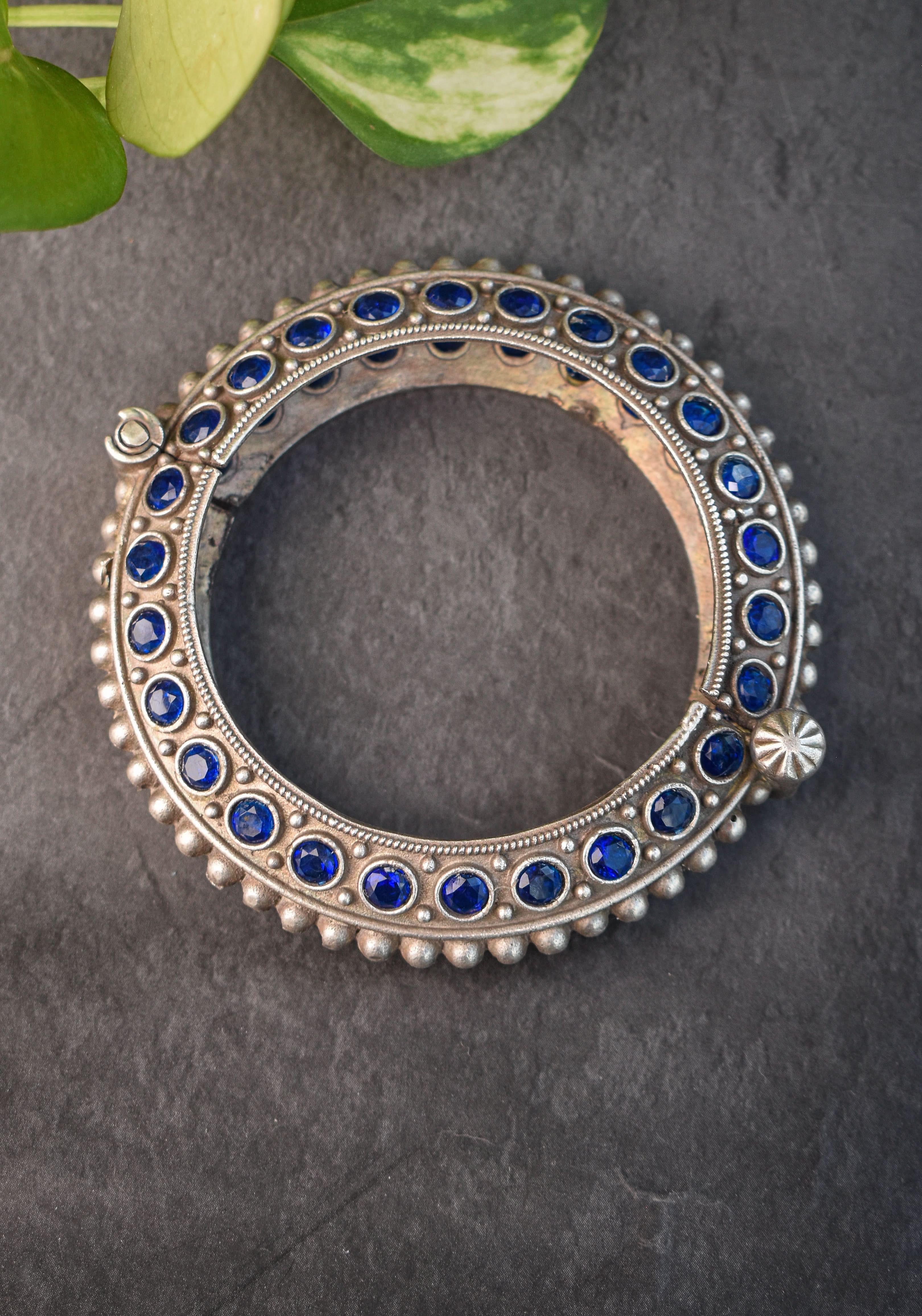SIZE 2.4 Antique Silver Finish  with blue stones  design and Openable Kada | Shobitam Jewelry