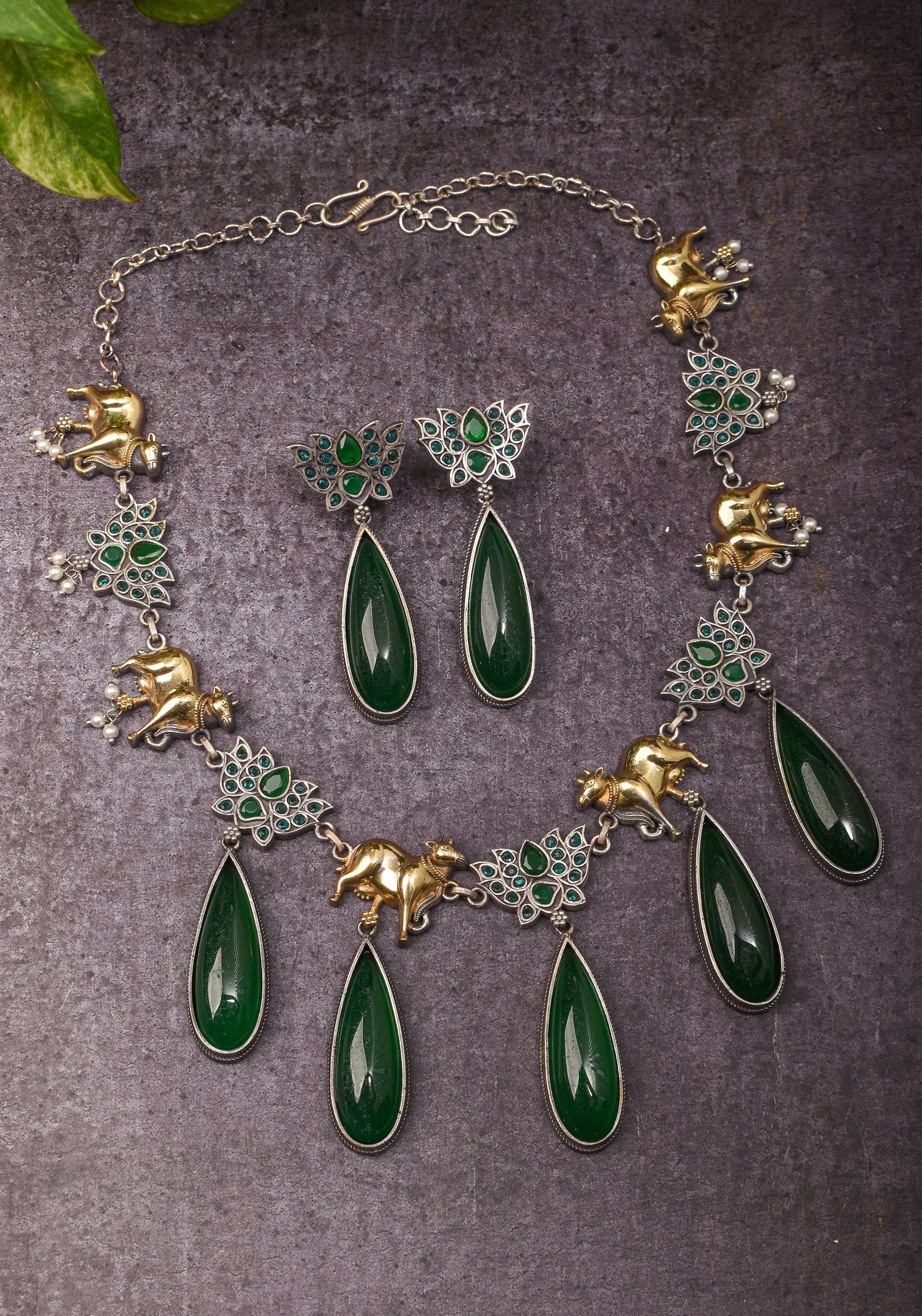 Fusion Dual Tone Jewelry with Pichwai Cow units and Green stones | Shobitam Jewelry