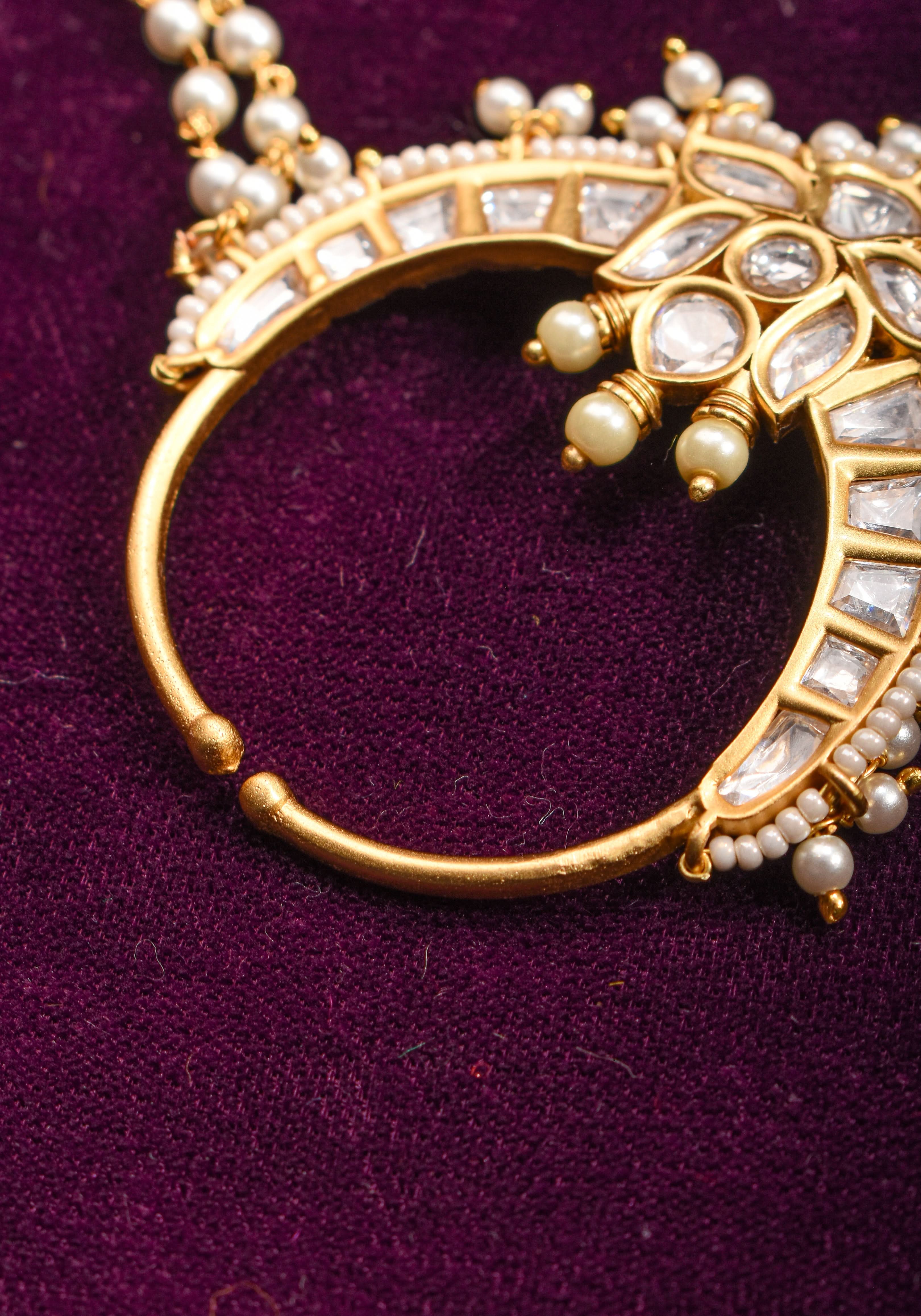 Non Piercing Nose Ring - Traditional Indian Nath with Polki Stones and Pearl Strand | Shobitam