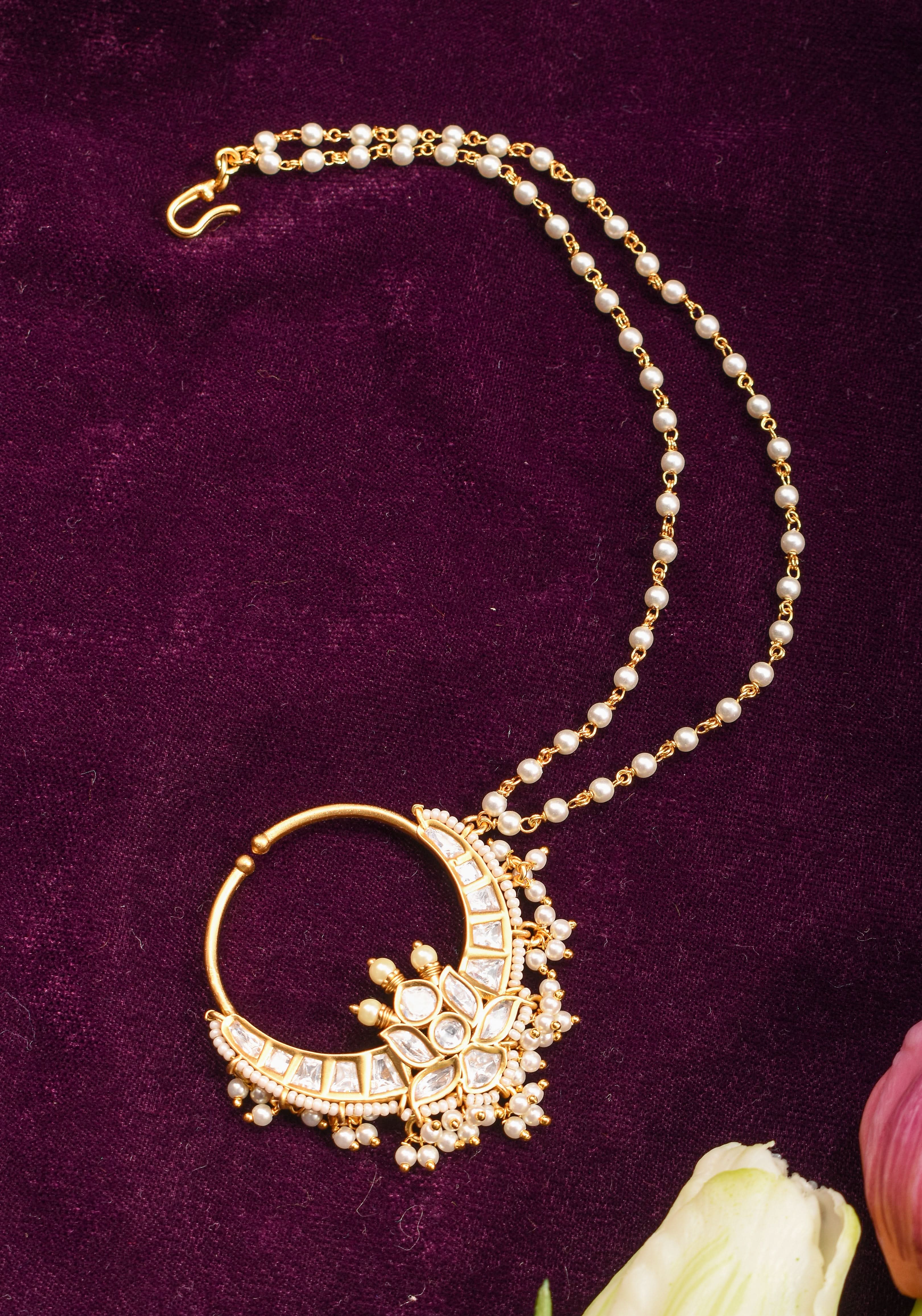 Non Piercing Nose Ring - Traditional Indian Nath with Polki Stones and Pearl Strand | Shobitam
