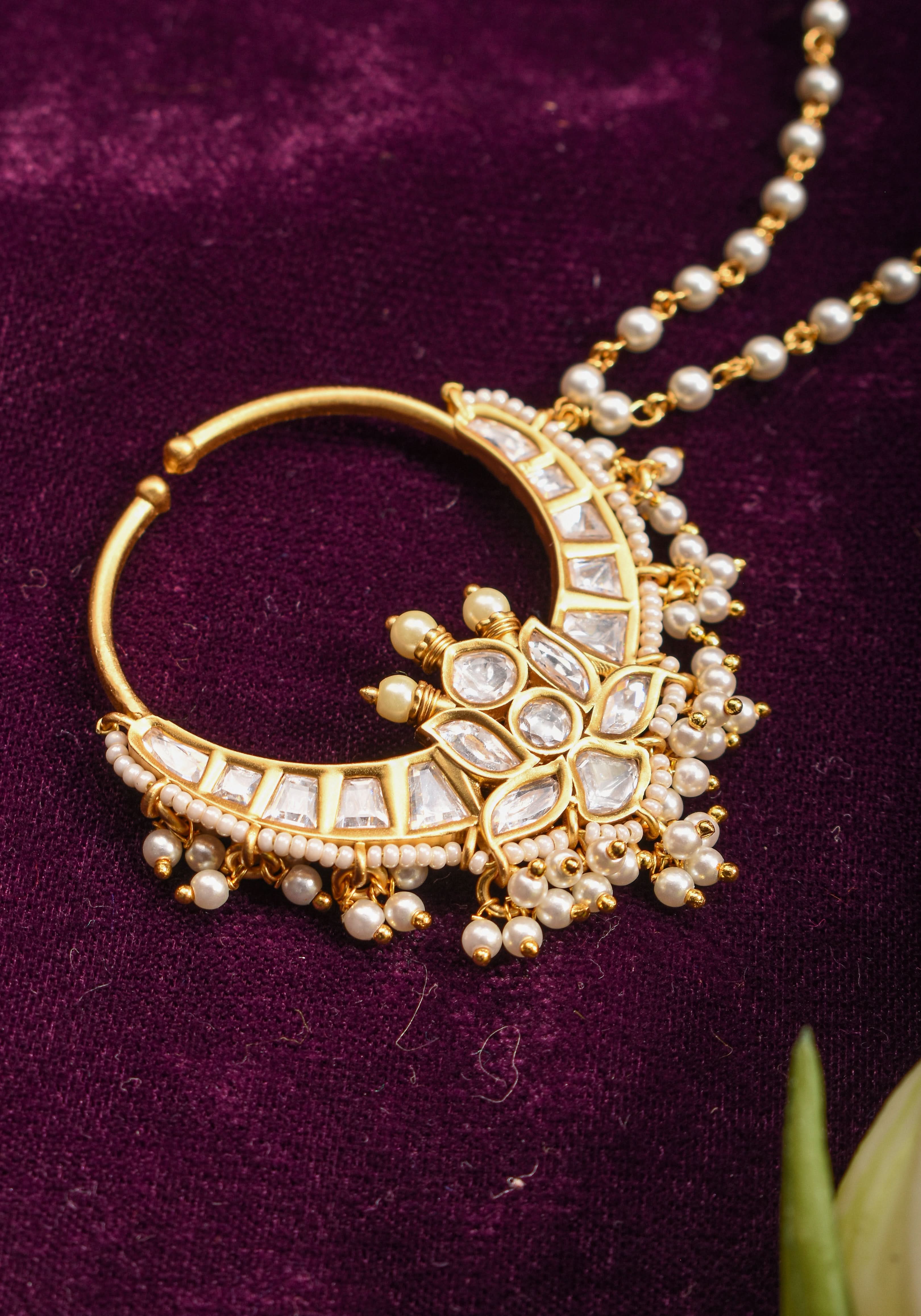 Non Piercing Nose Ring - Traditional Indian Nath with Polki Stones and Pearl Strand | Shobitam