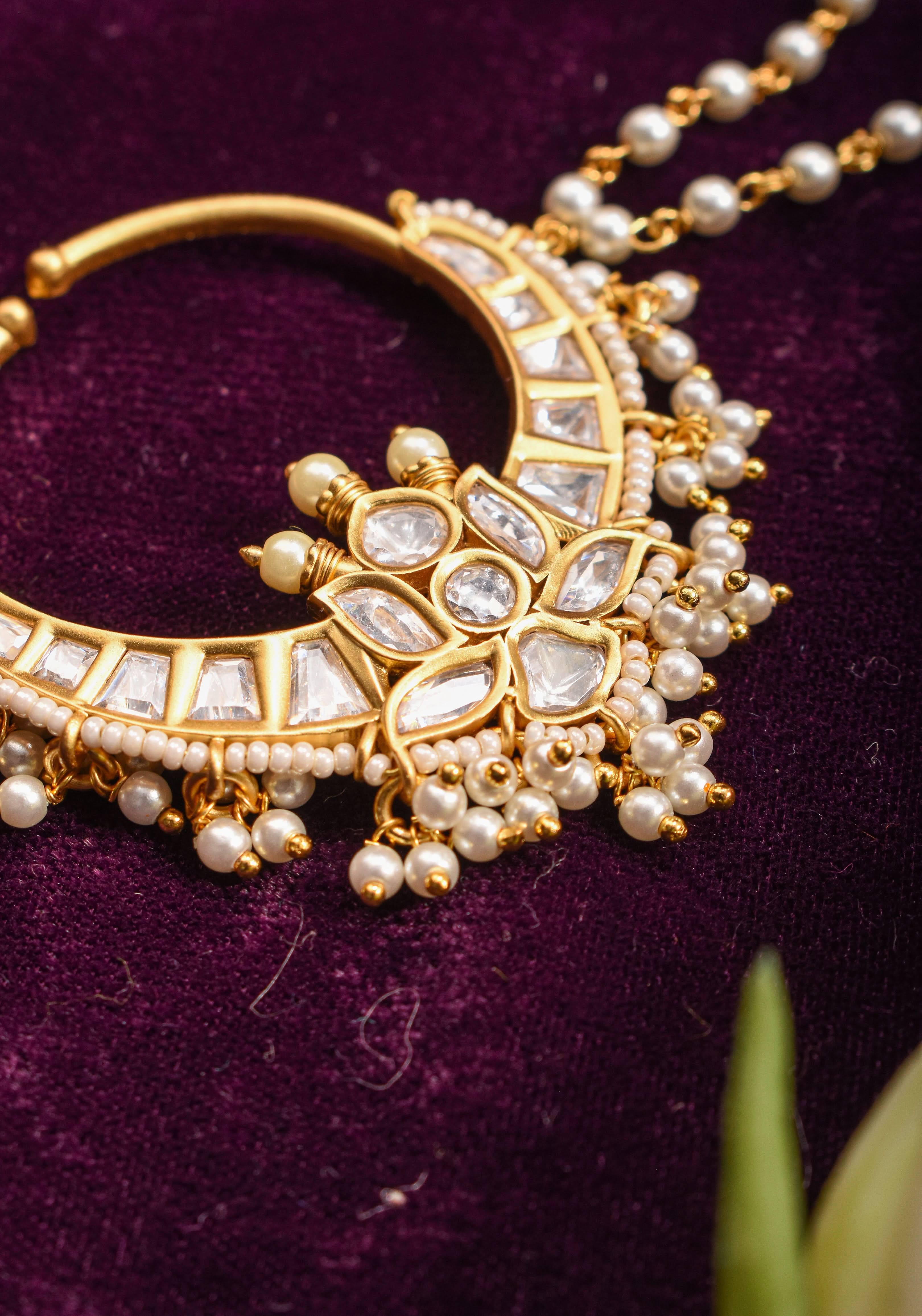 Non Piercing Nose Ring - Traditional Indian Nath with Polki Stones and Pearl Strand | Shobitam