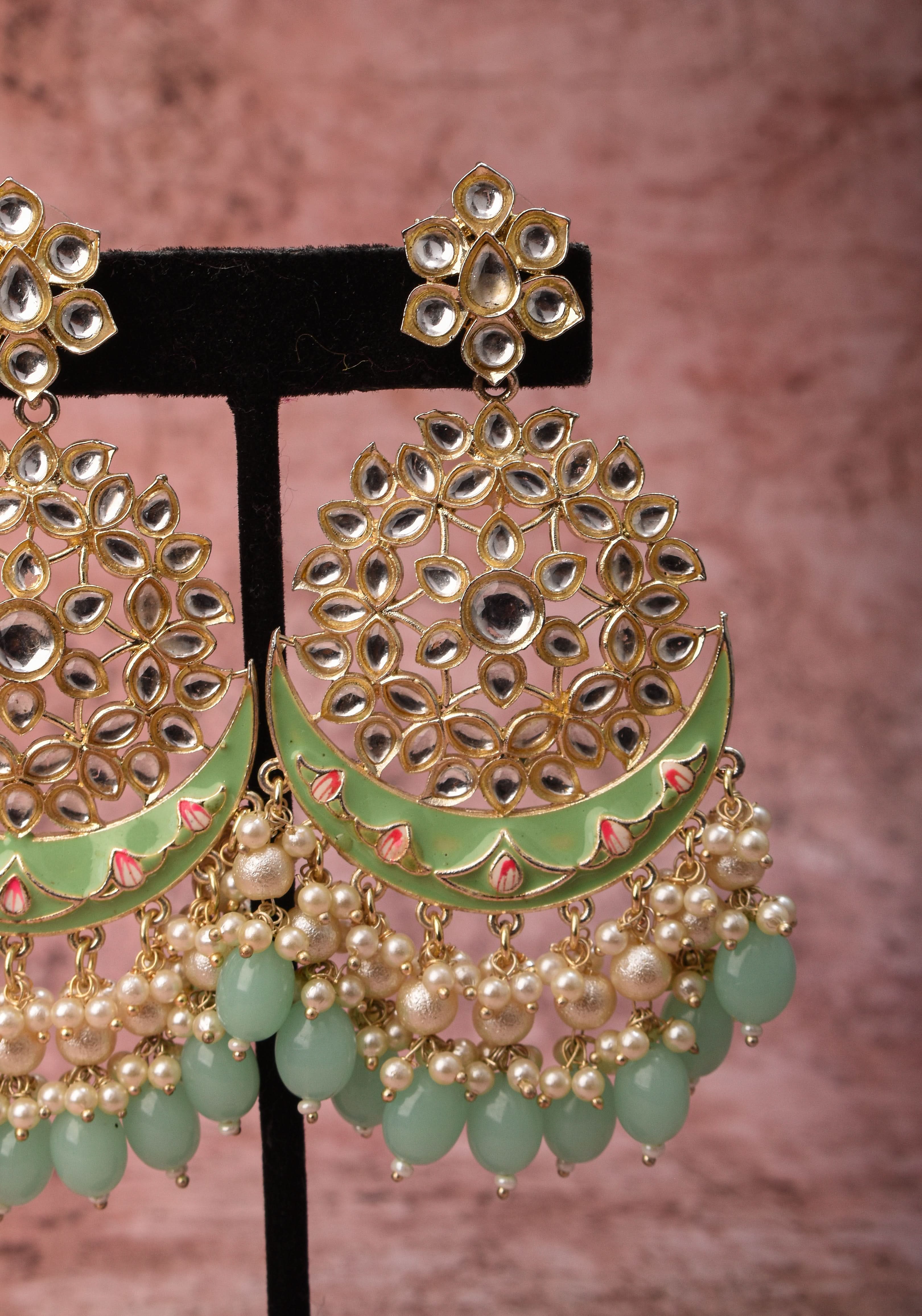 Ahmedabadi Kundan Chandbali earrings with White stones and Dangling Beads | SHOBITAM