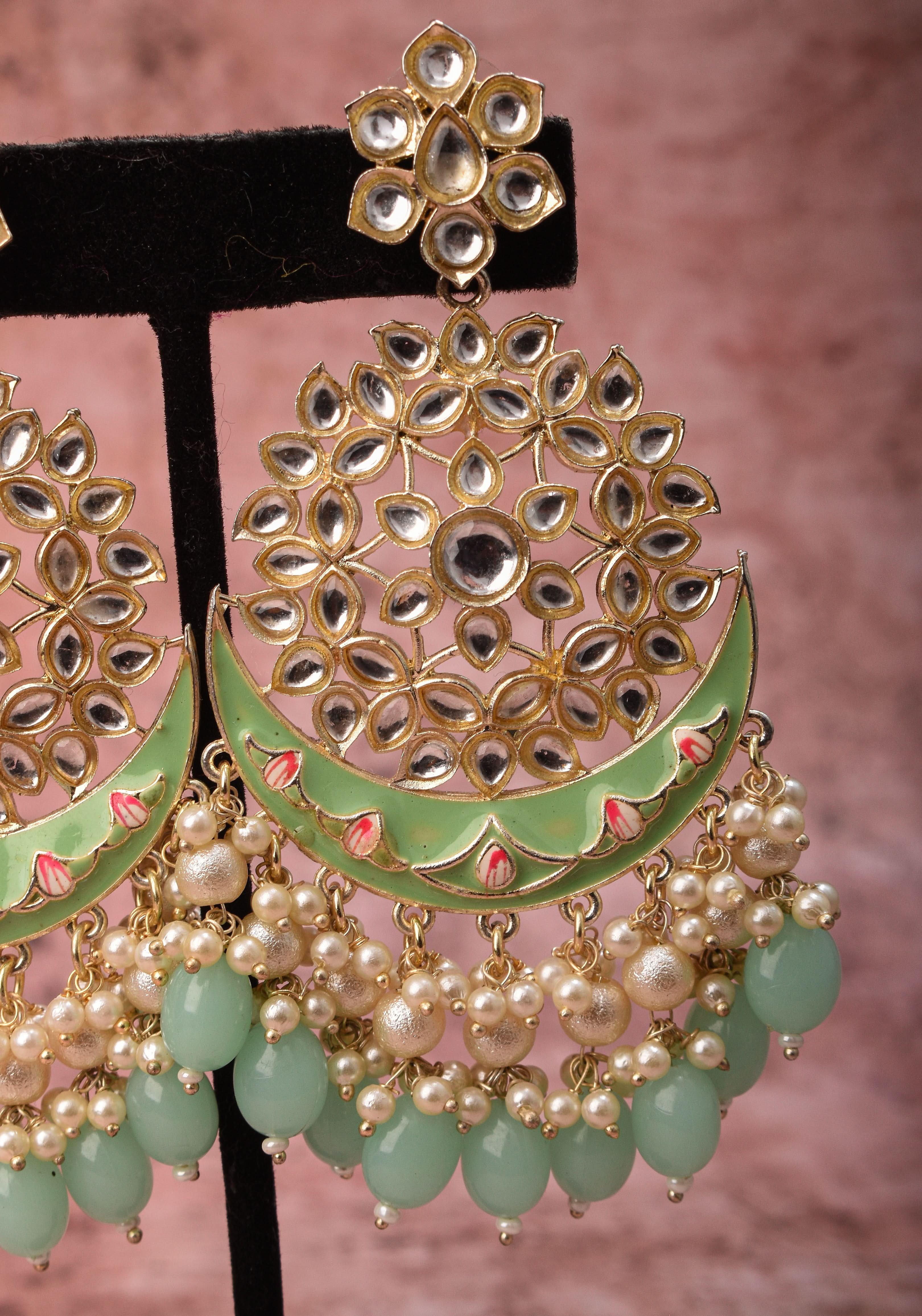 Ahmedabadi Kundan Chandbali earrings with White stones and Dangling Beads | SHOBITAM