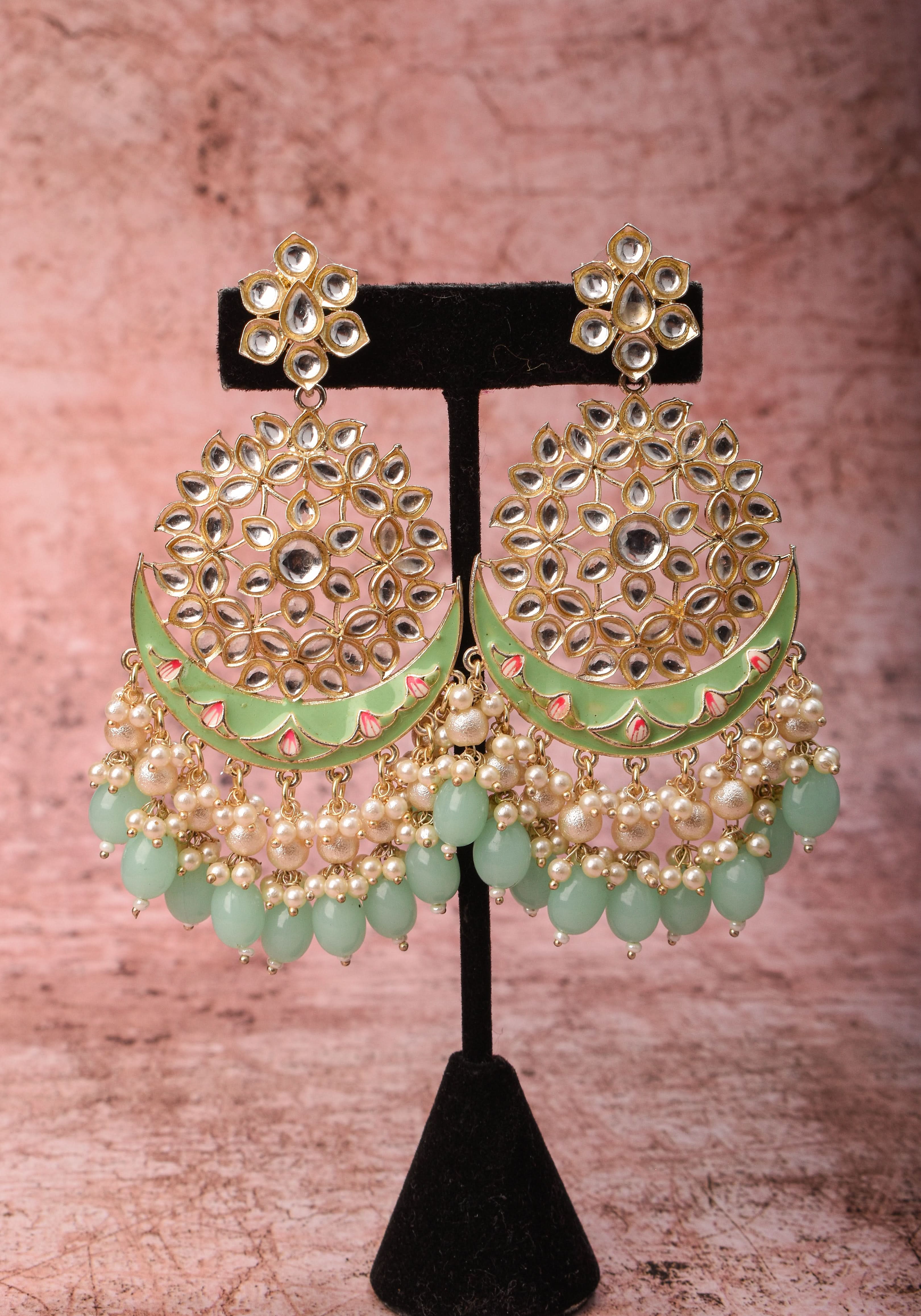 Ahmedabadi Kundan Chandbali earrings with White stones and Dangling Beads | SHOBITAM
