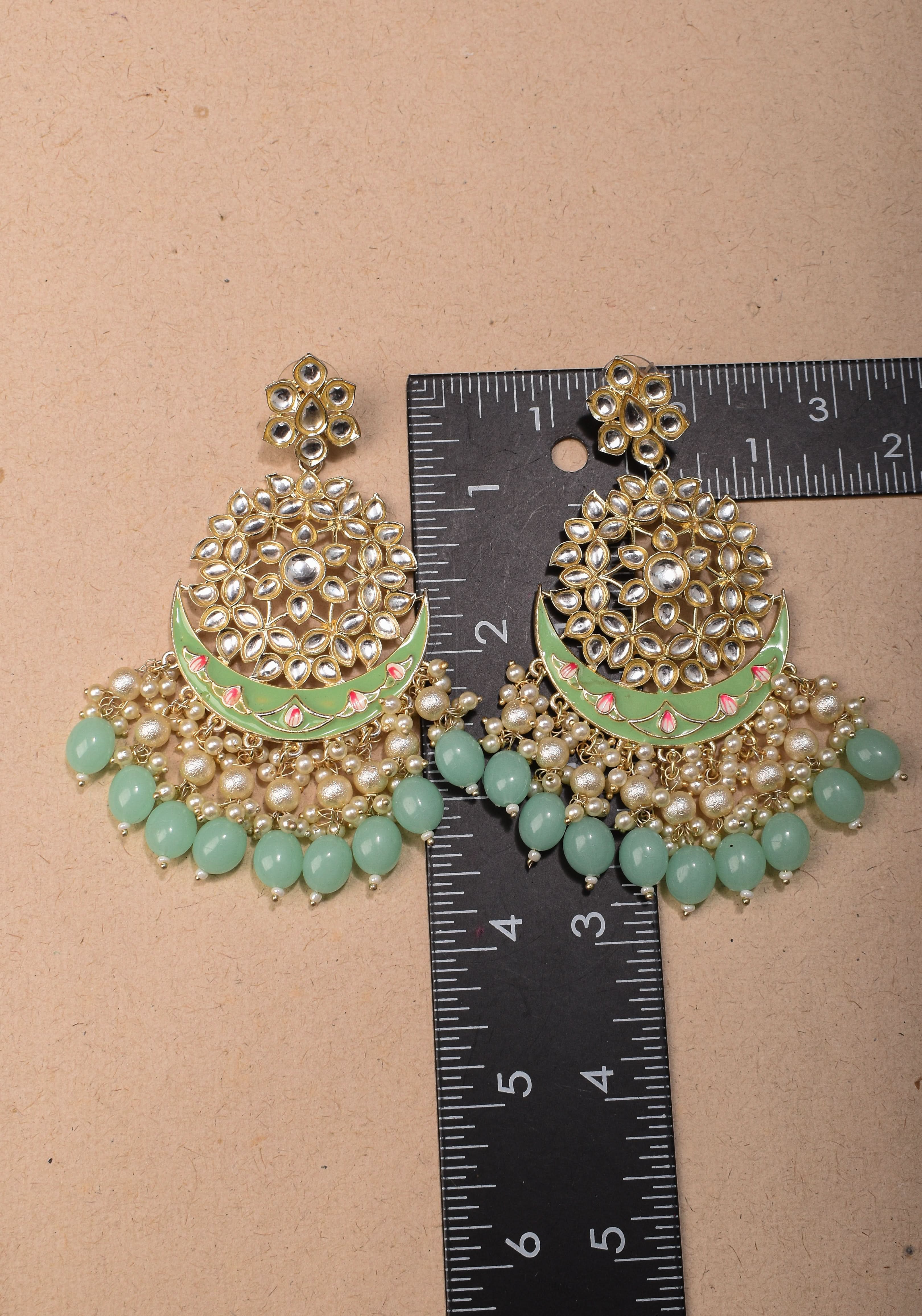 Ahmedabadi Kundan Chandbali earrings with White stones and Dangling Beads | SHOBITAM