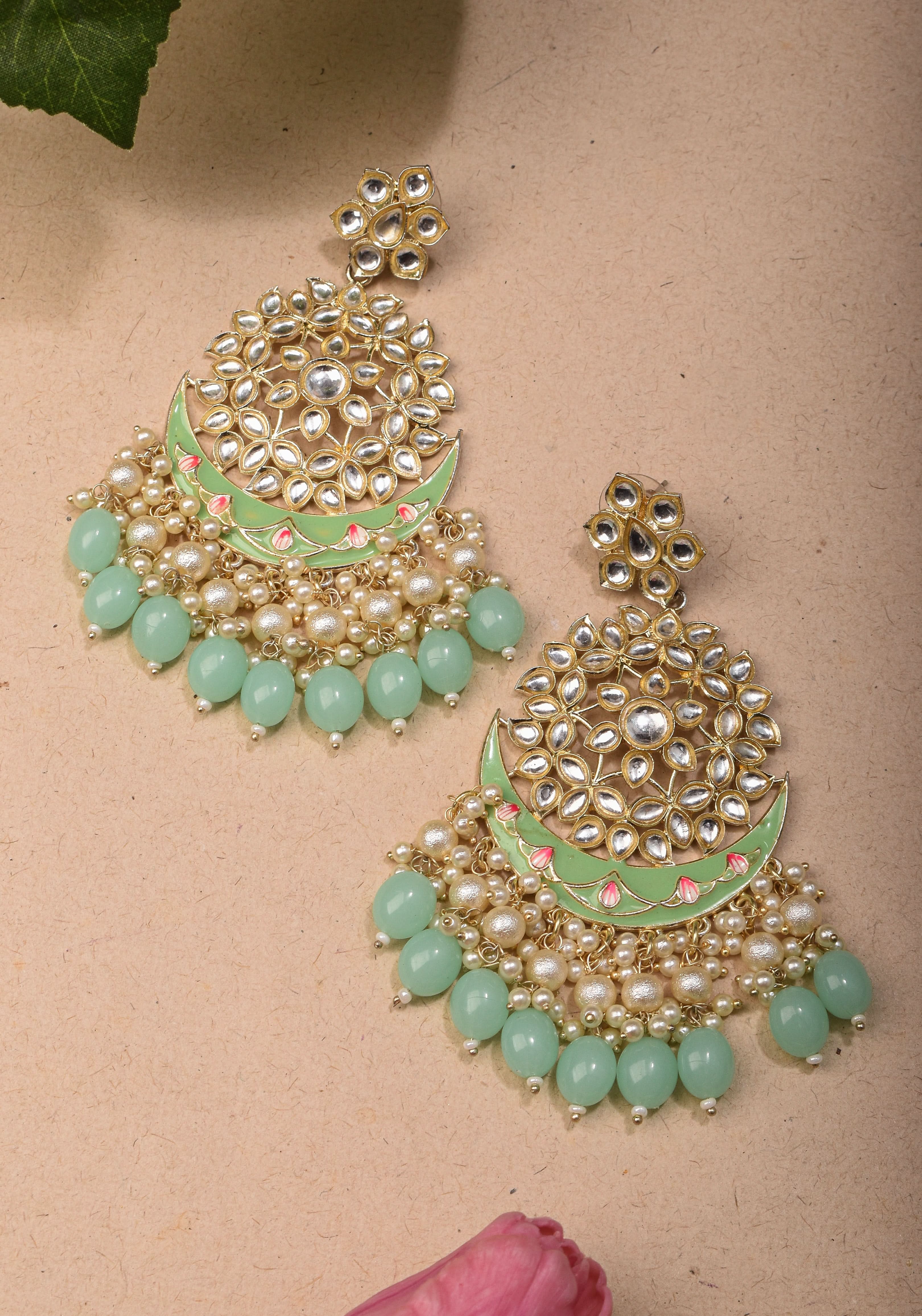 Ahmedabadi Kundan Chandbali earrings with White stones and Dangling Beads | SHOBITAM