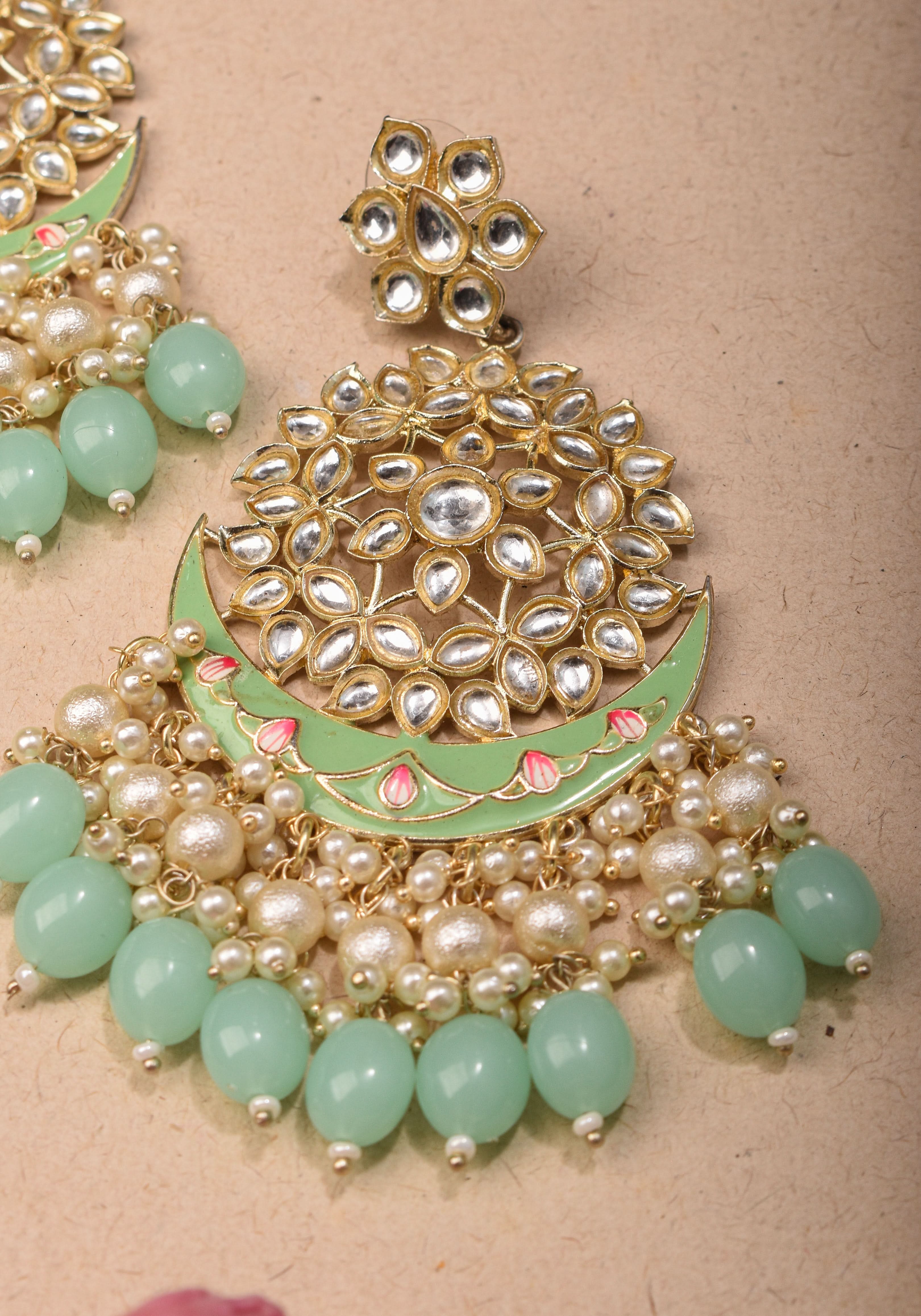 Ahmedabadi Kundan Chandbali earrings with White stones and Dangling Beads | SHOBITAM