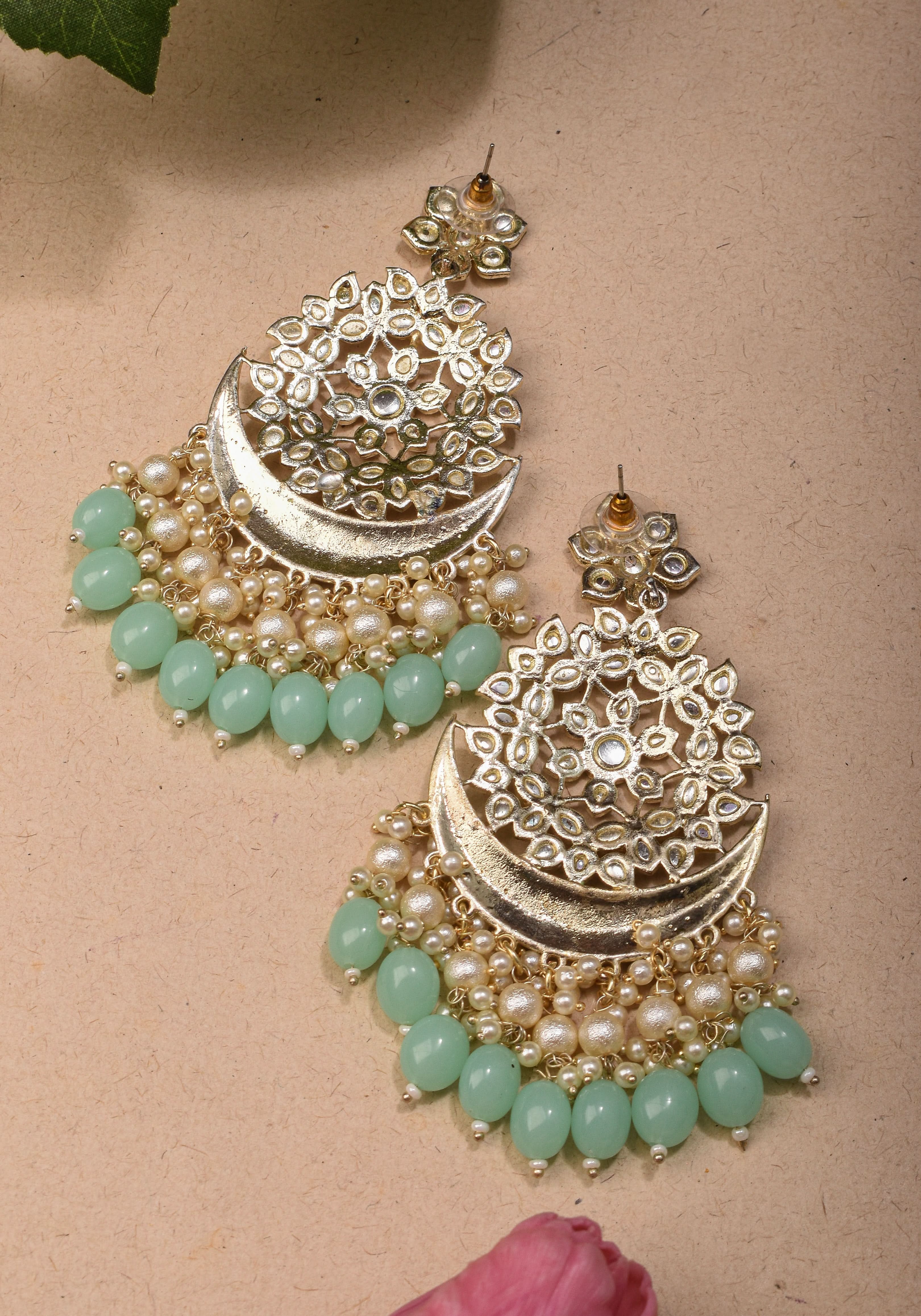 Ahmedabadi Kundan Chandbali earrings with White stones and Dangling Beads | SHOBITAM