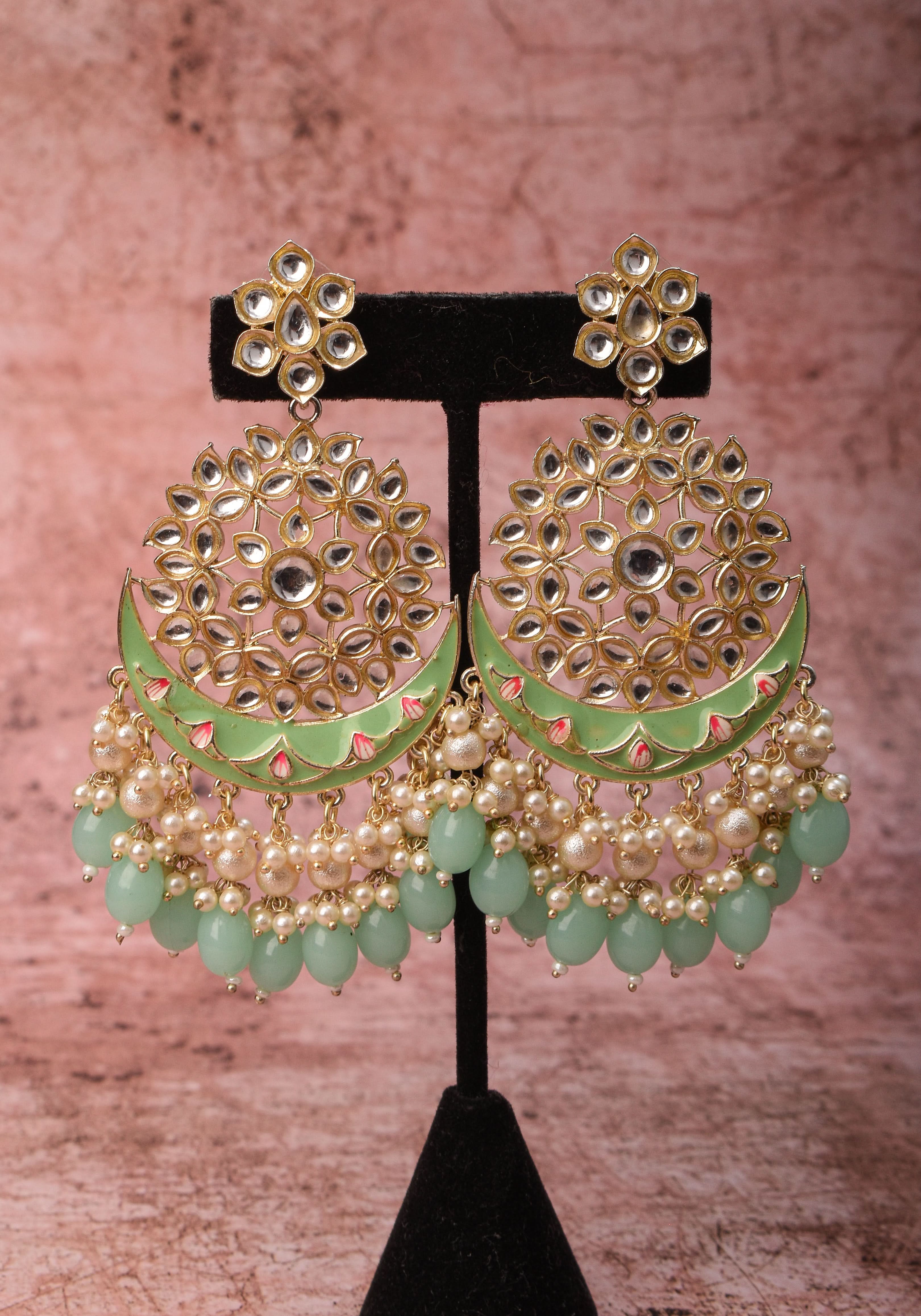 Ahmedabadi Kundan Chandbali earrings with White stones and Dangling Beads | SHOBITAM