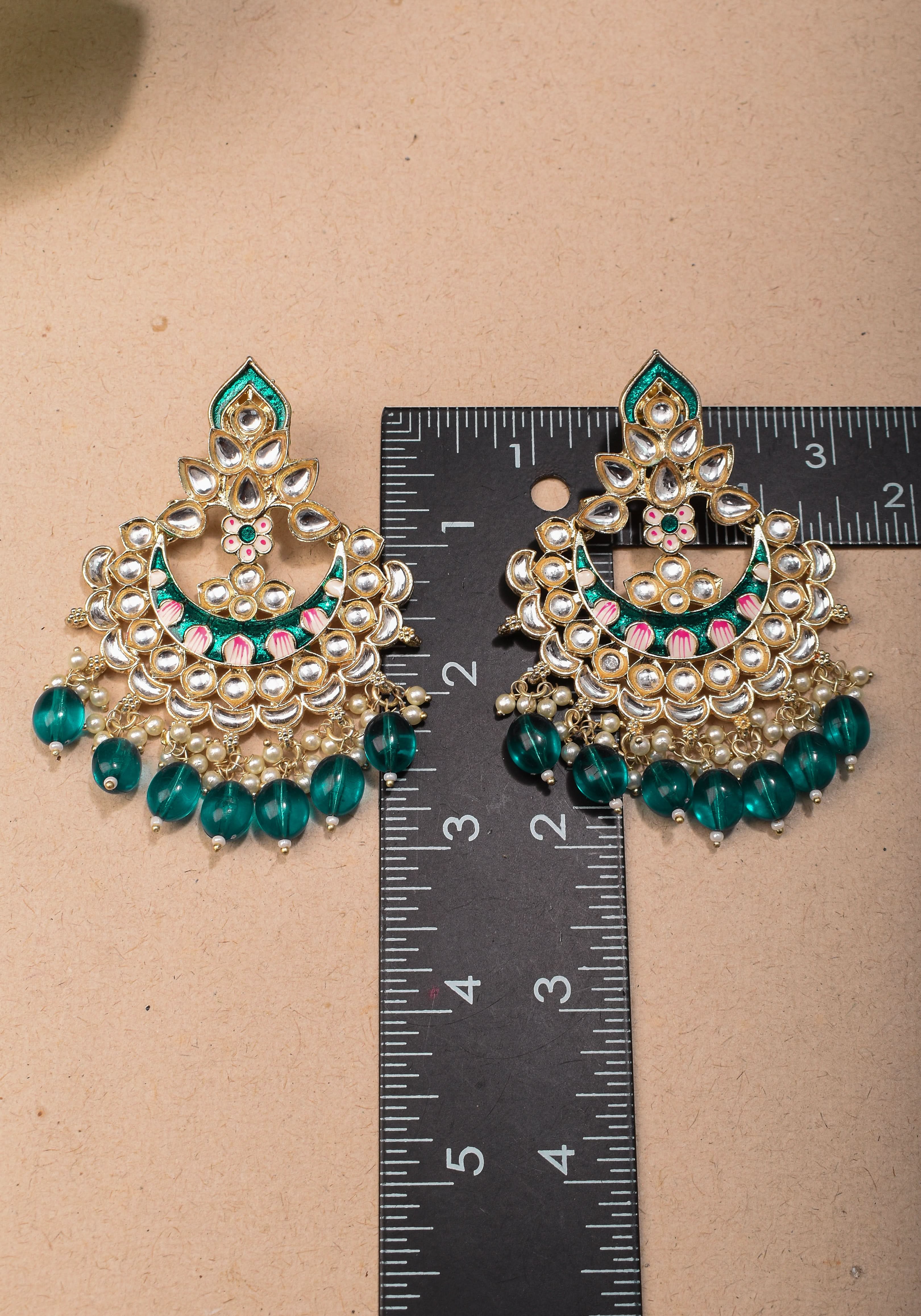 Ahmedabadi Kundan Chandbali earrings with White stones and Dangling Beads | Shobitam