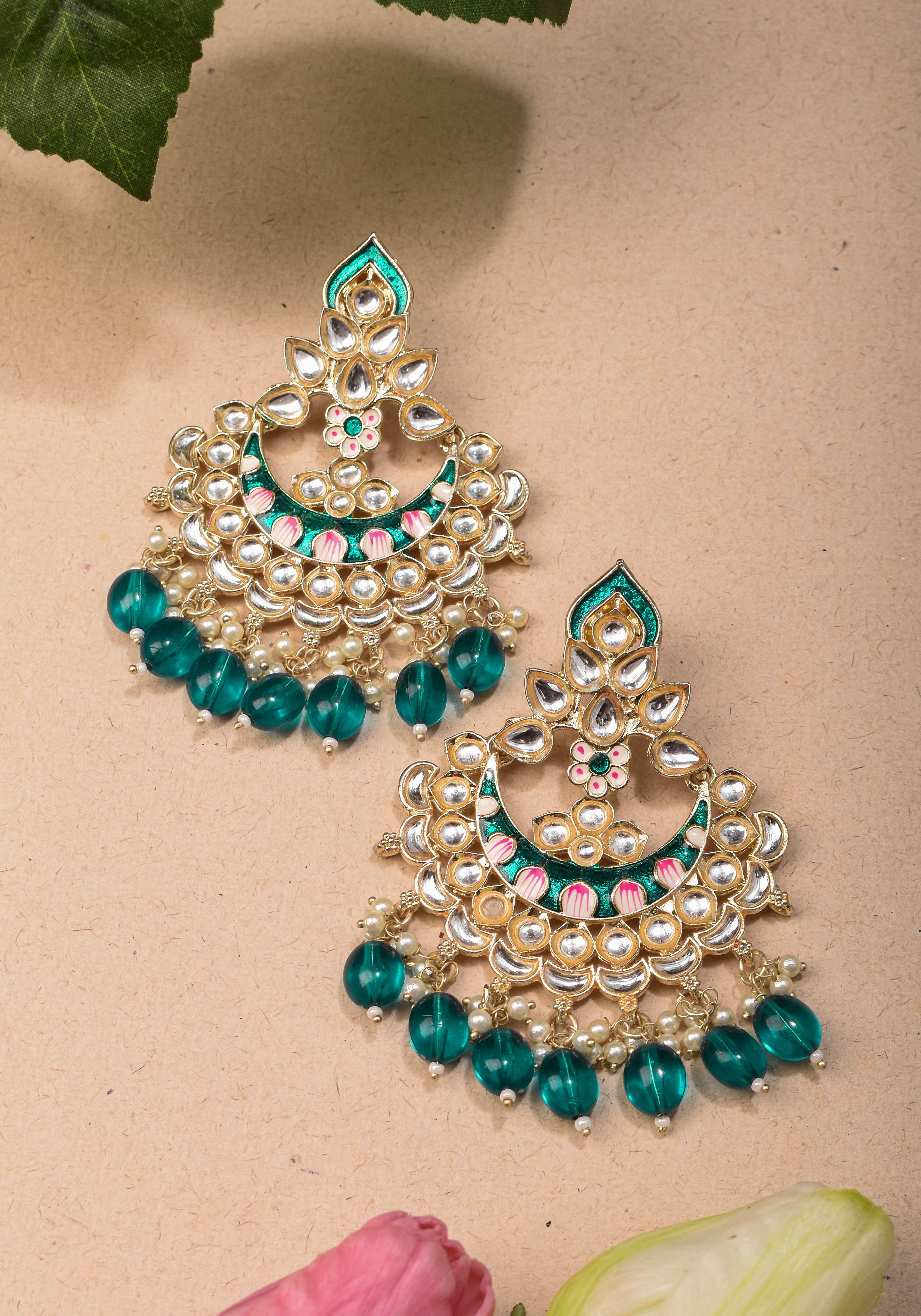 Ahmedabadi Kundan Chandbali earrings with White stones and Dangling Beads | Shobitam