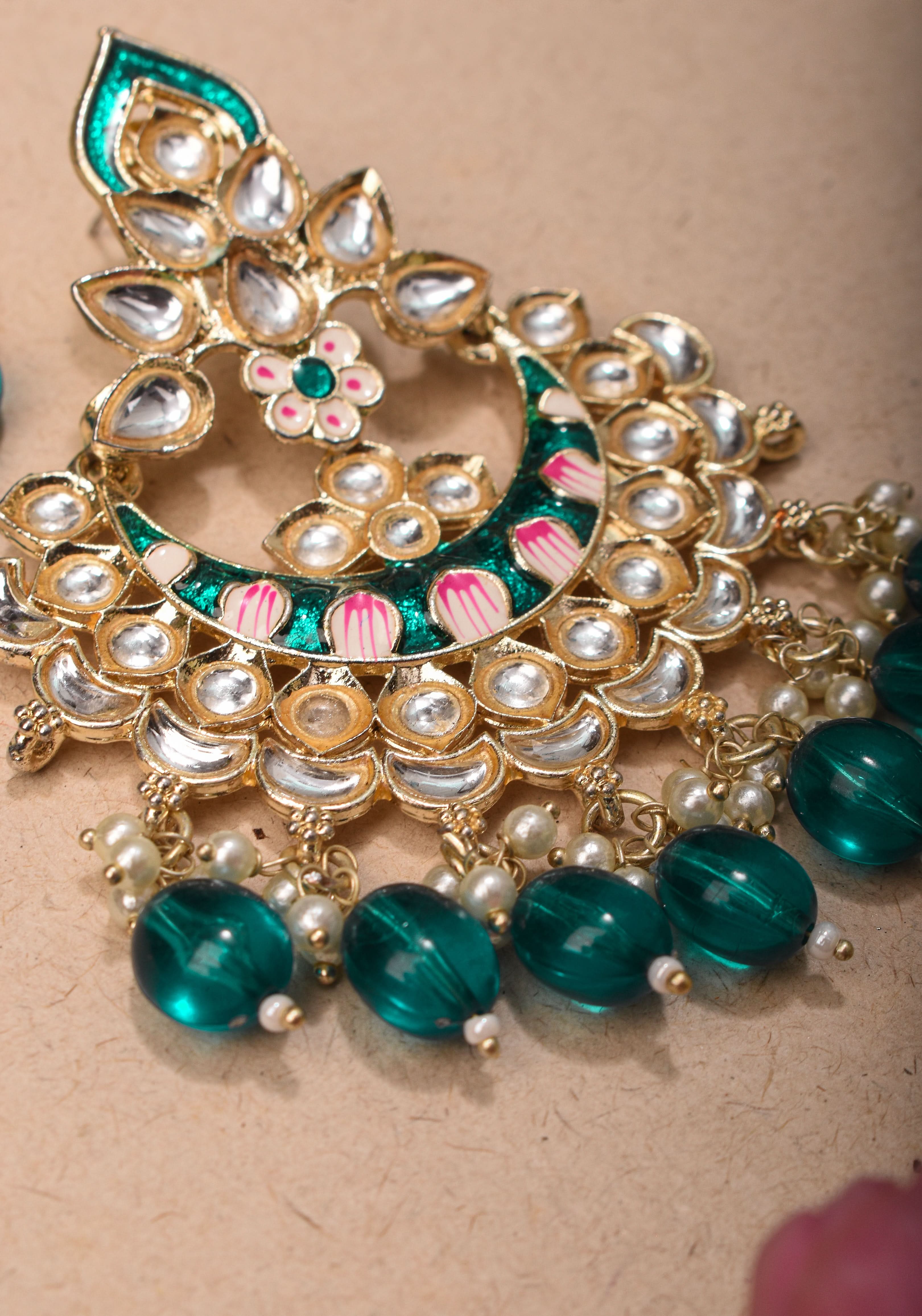 Ahmedabadi Kundan Chandbali earrings with White stones and Dangling Beads | Shobitam