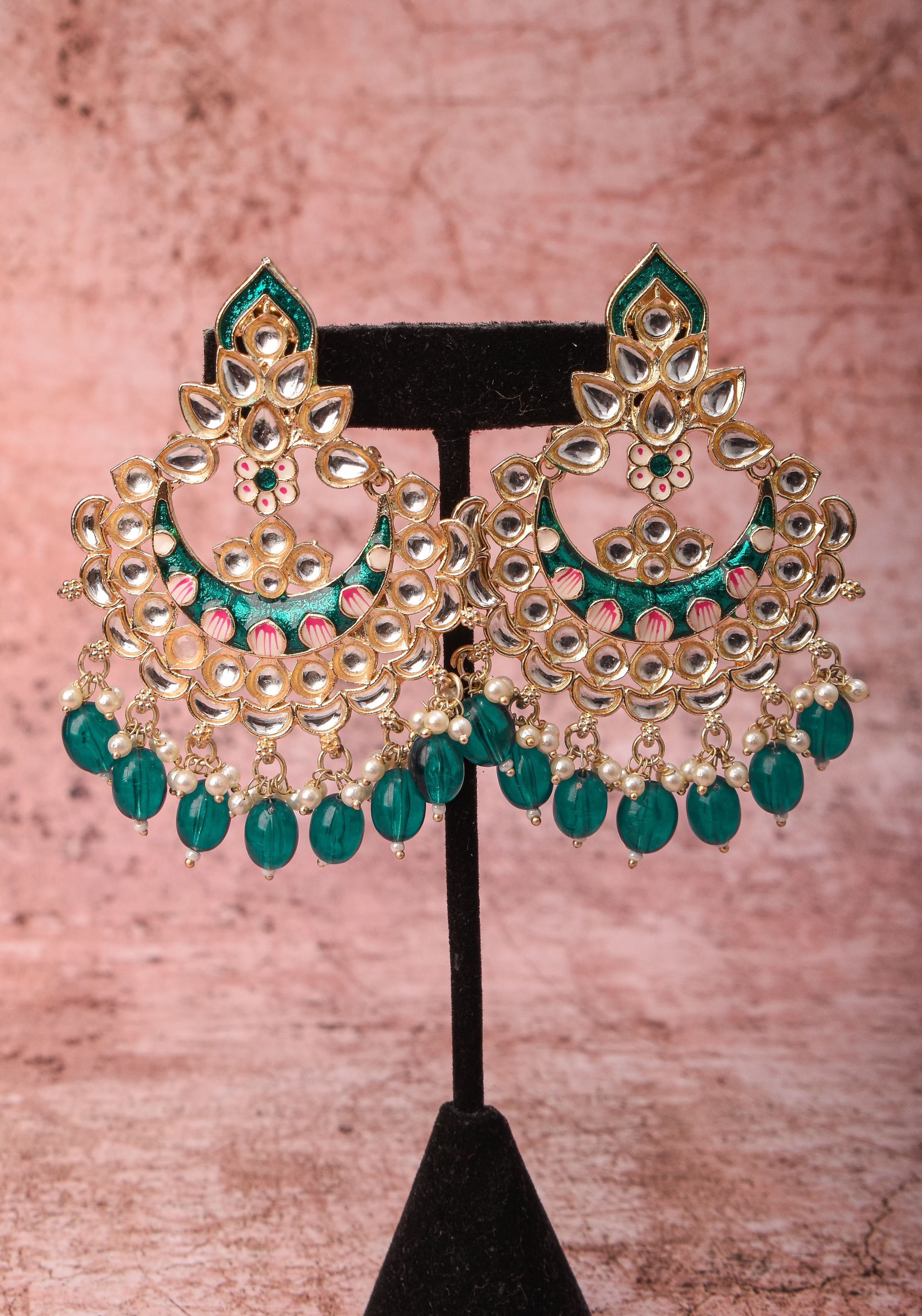 Ahmedabadi Kundan Chandbali earrings with White stones and Dangling Beads | Shobitam