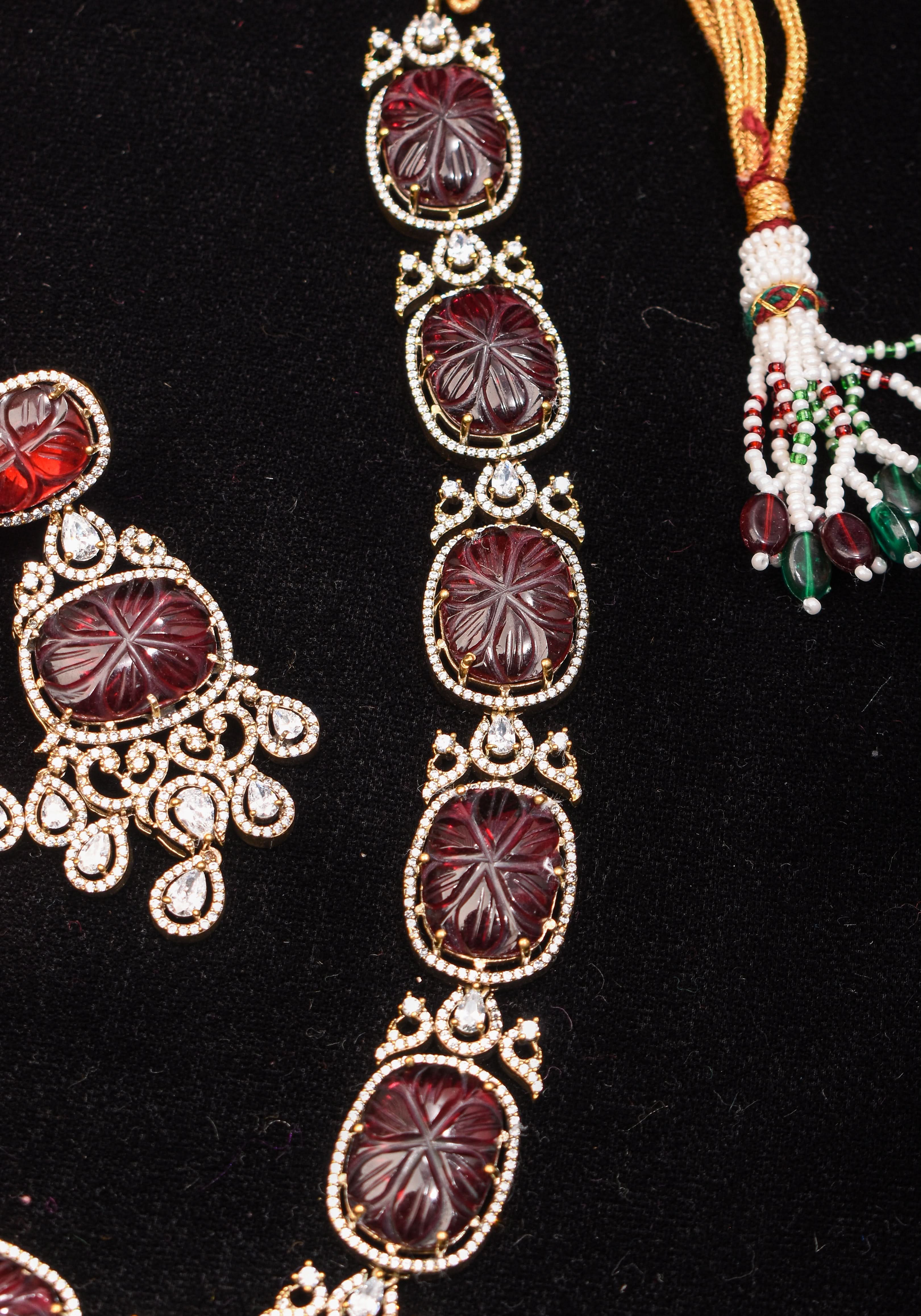 Maroon Tone Carved Rounded Rectangular Cut Stone Necklace in Victorian finish | Shobitam Jewelry