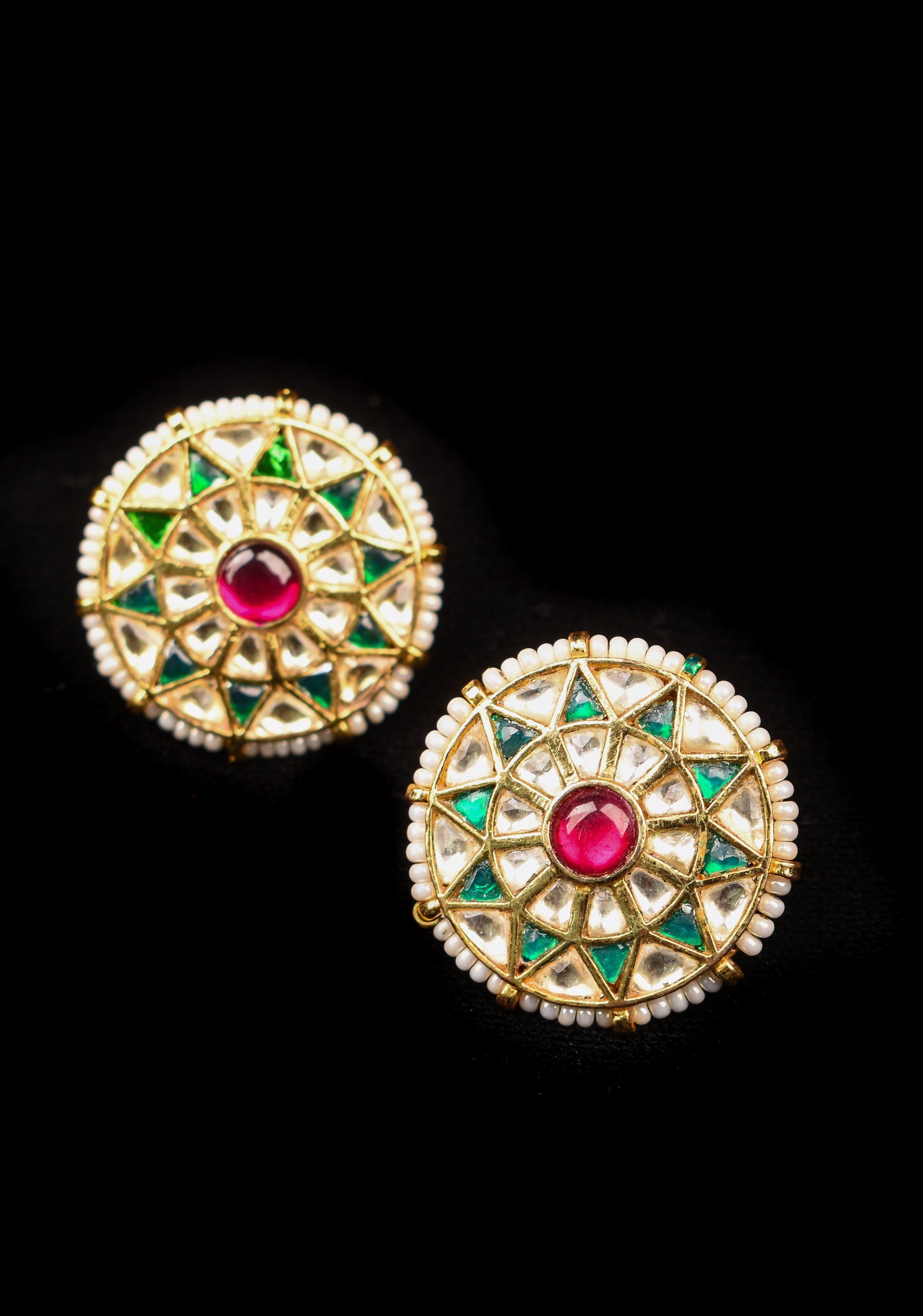 1.1" Jadau Green and White Stones Handmade Studs with White Beads | Shobitam