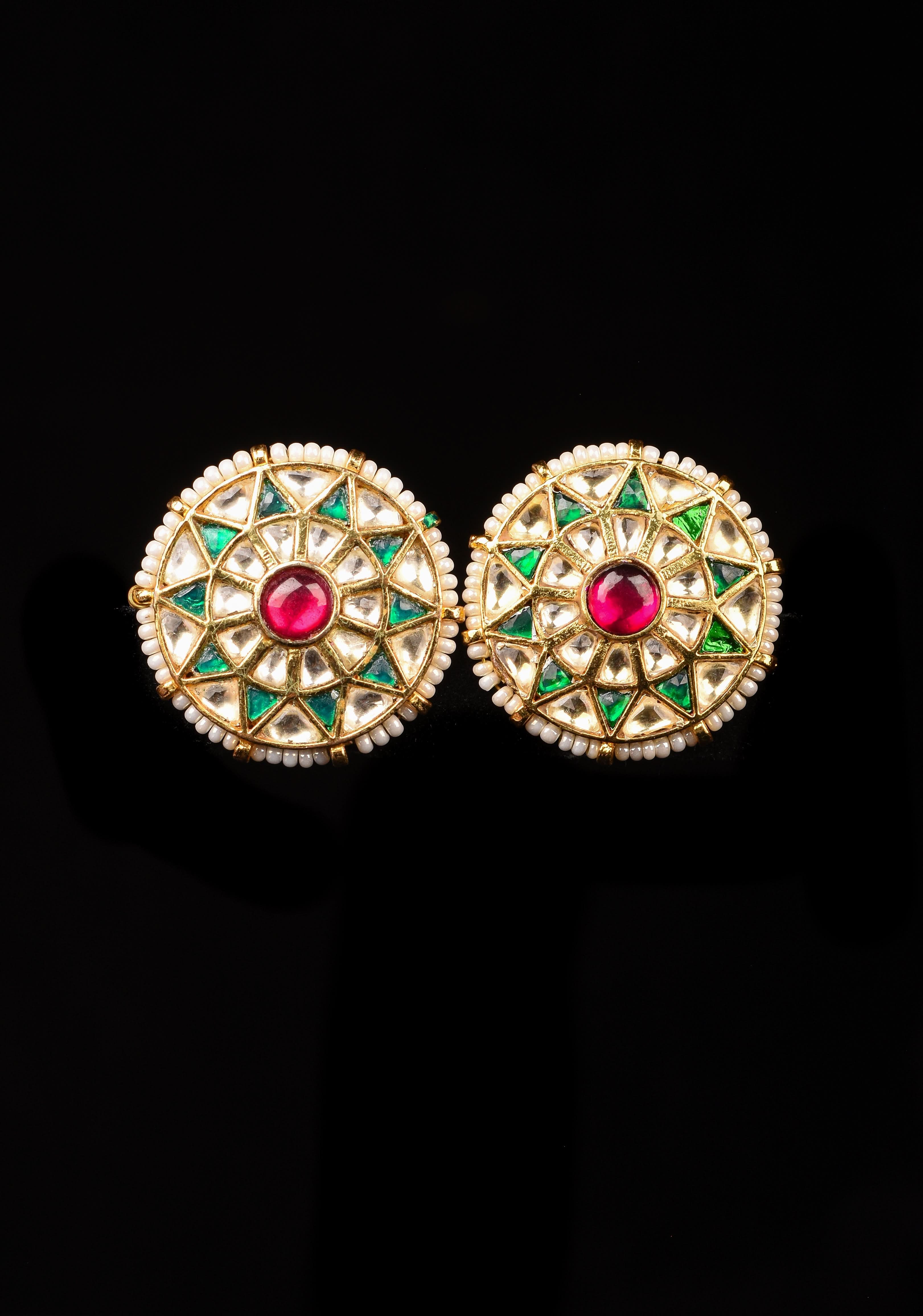 1.1" Jadau Green and White Stones Handmade Studs with White Beads | Shobitam